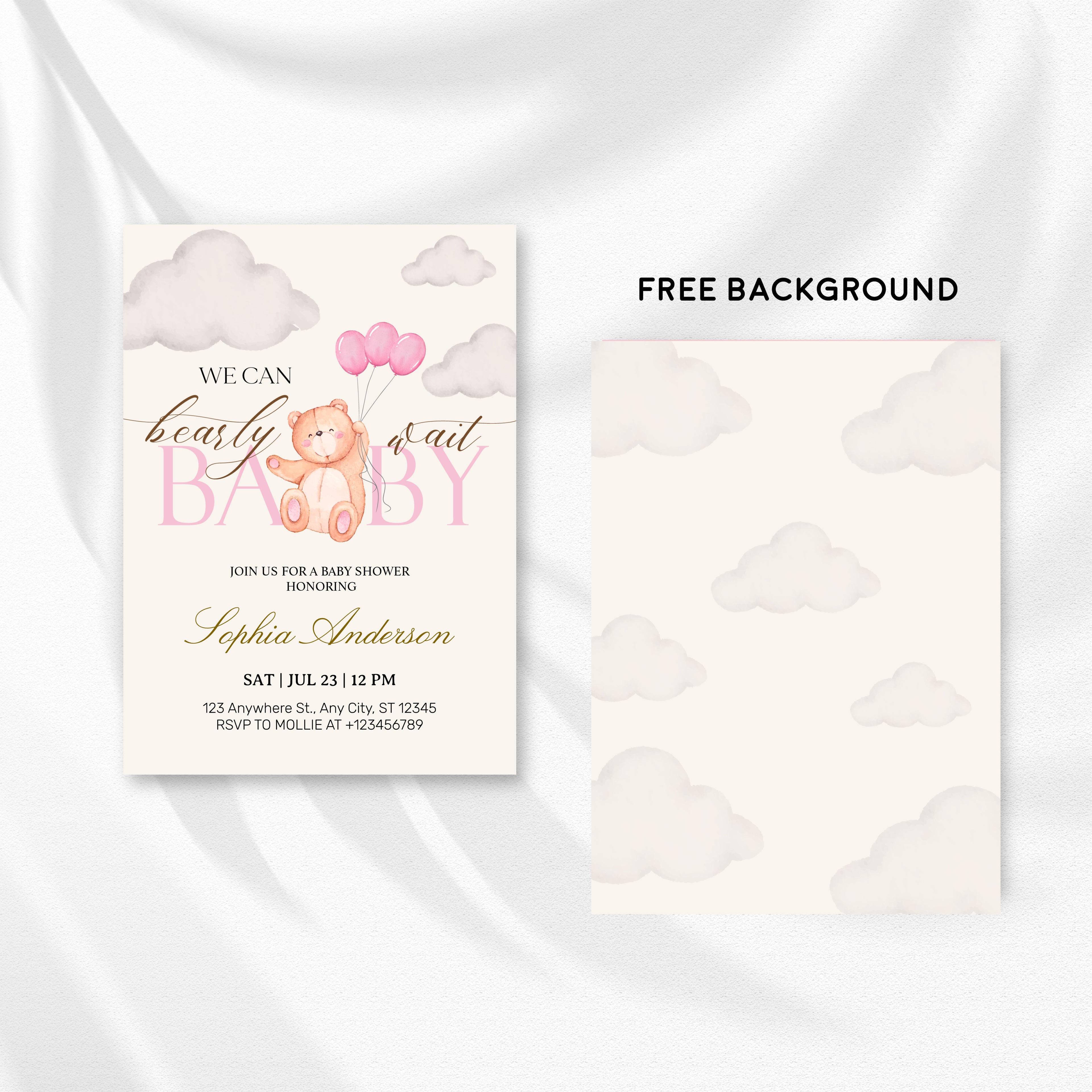We Can Bearly Wait Pink Teddy Bear Baby Shower Invitation – Editable Canva Template
