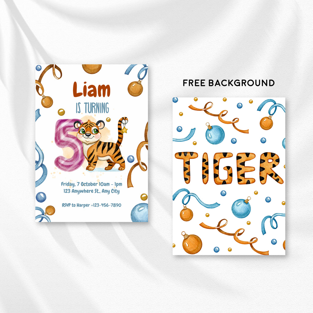 Wild & Cute Tiger 5th Birthday Invitation – Editable Canva Template