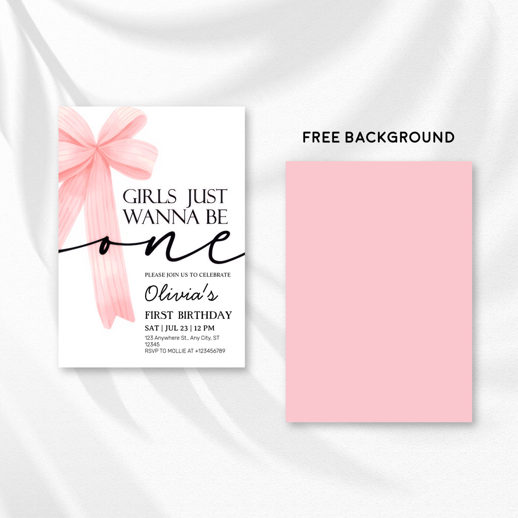 Girls Just Wanna Be One Pink Bow 1st Birthday Invitation – Editable Canva Template