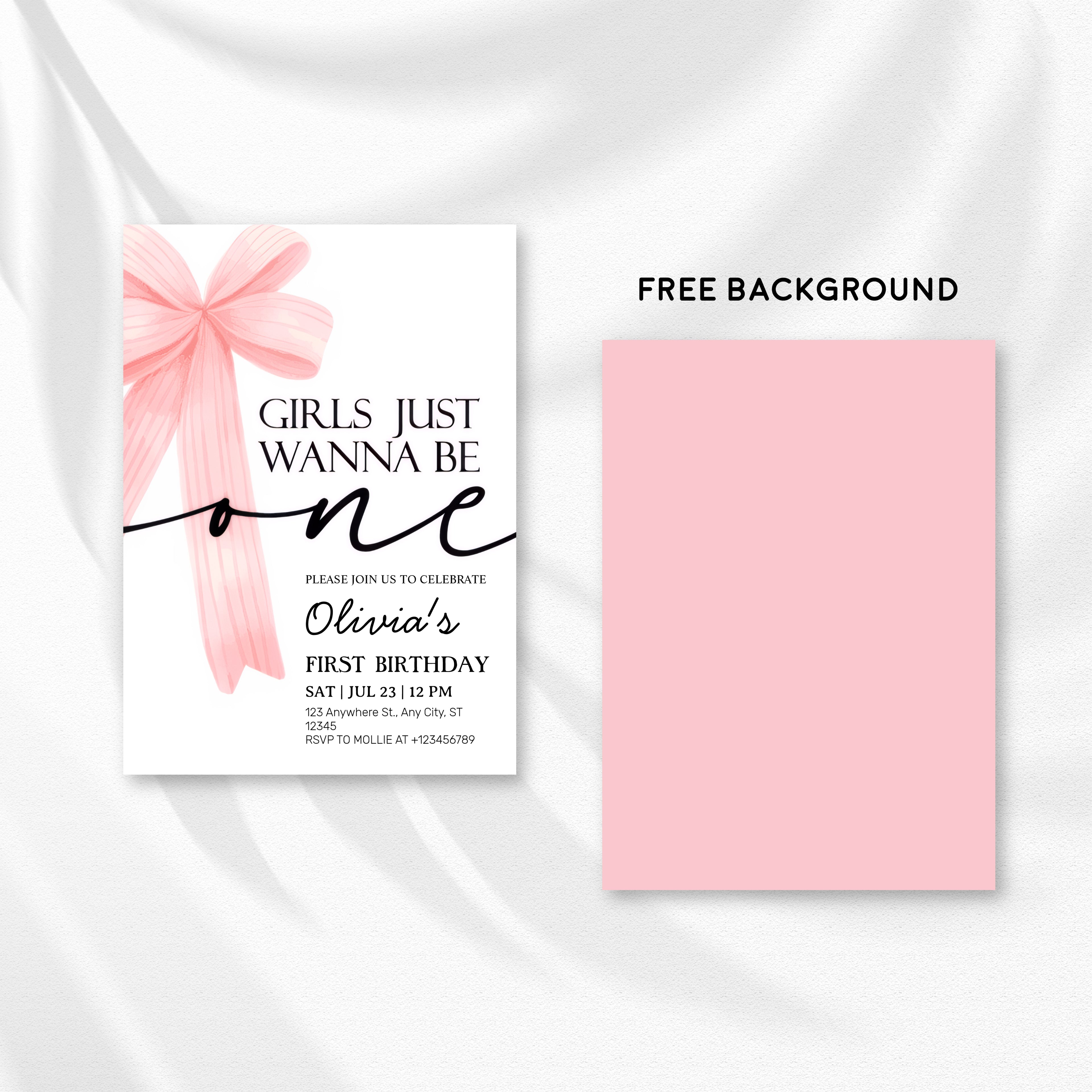Girls Just Wanna Be One Pink Bow 1st Birthday Invitation – Editable Canva Template