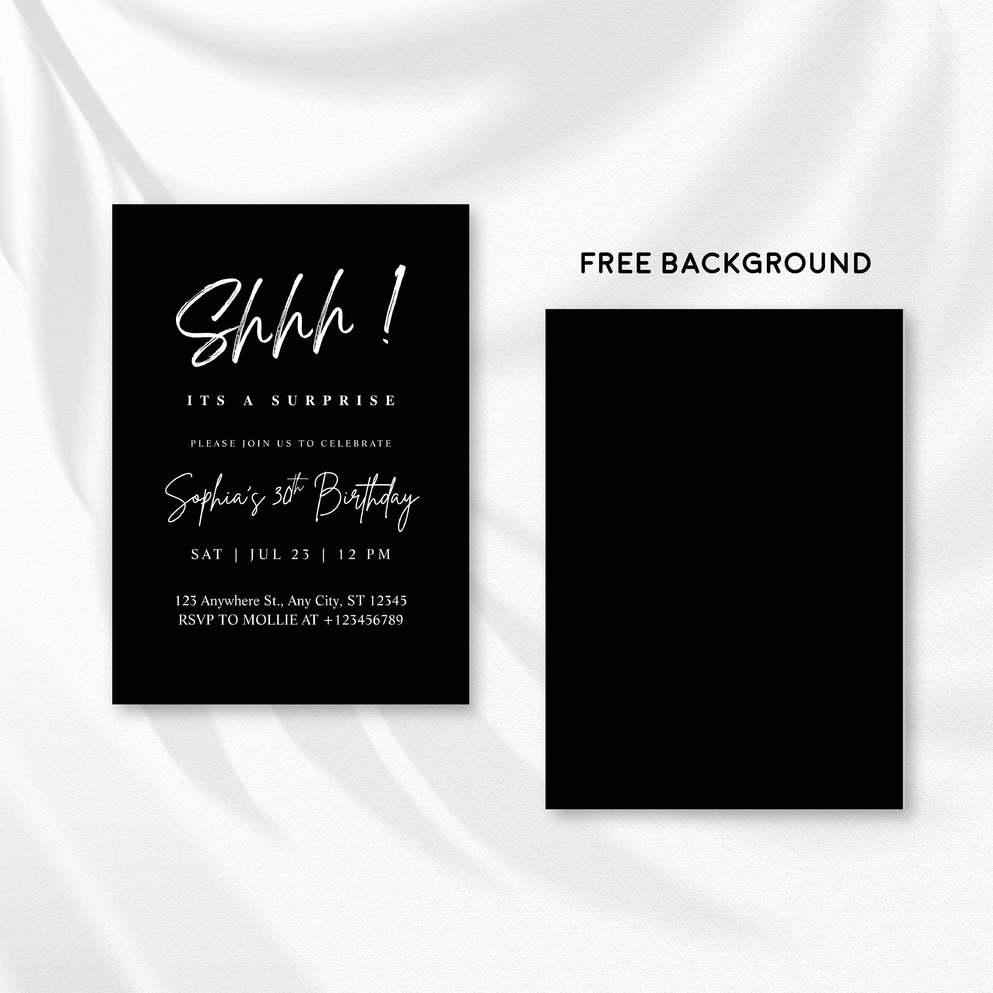 Elegant White Calligraphy Surprise Party Invitation – Editable Canva Template