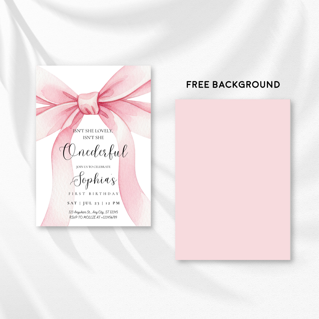Pink Bow Onederful First Birthday Invitation – Editable Canva Template