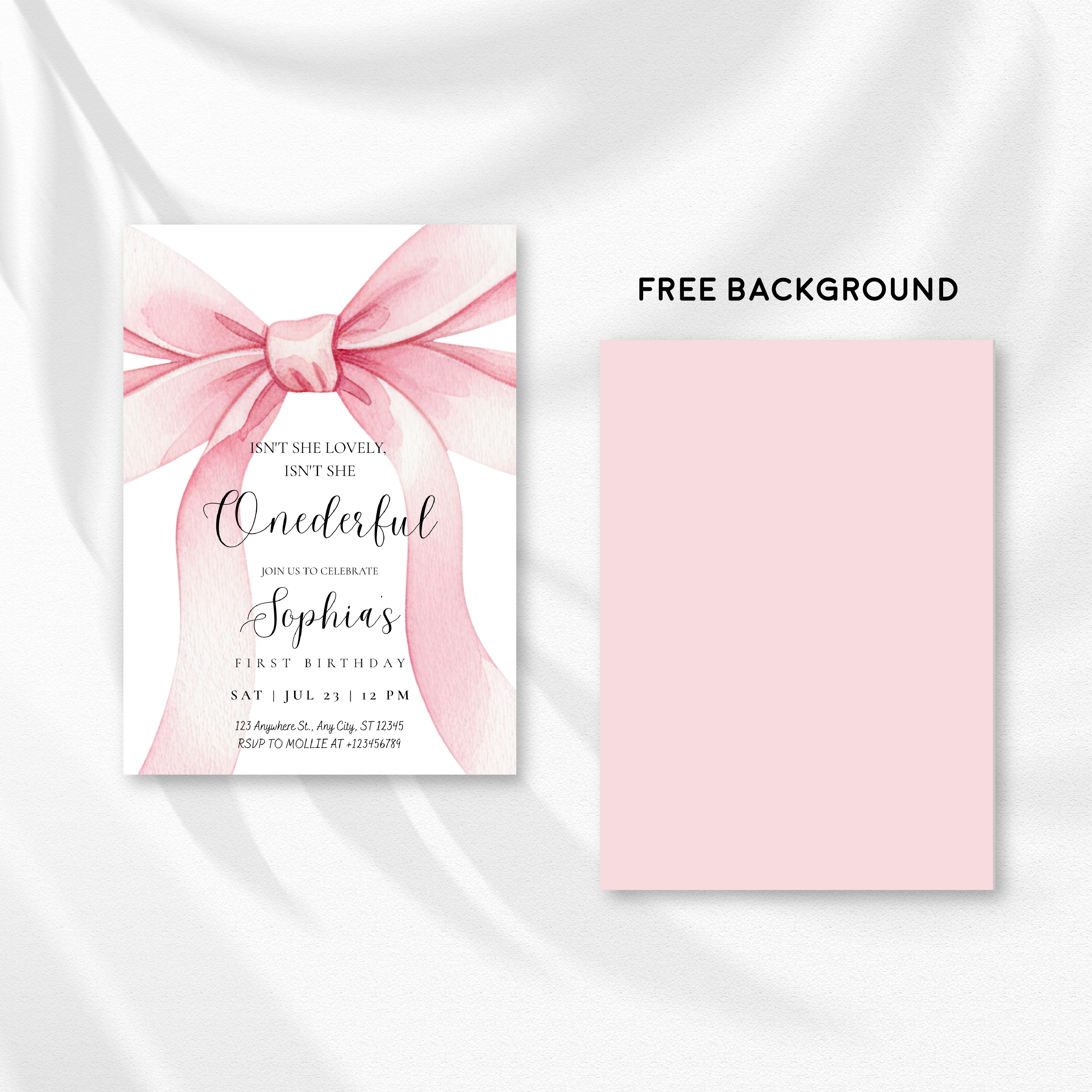 Pink Bow Onederful First Birthday Invitation – Editable Canva Template
