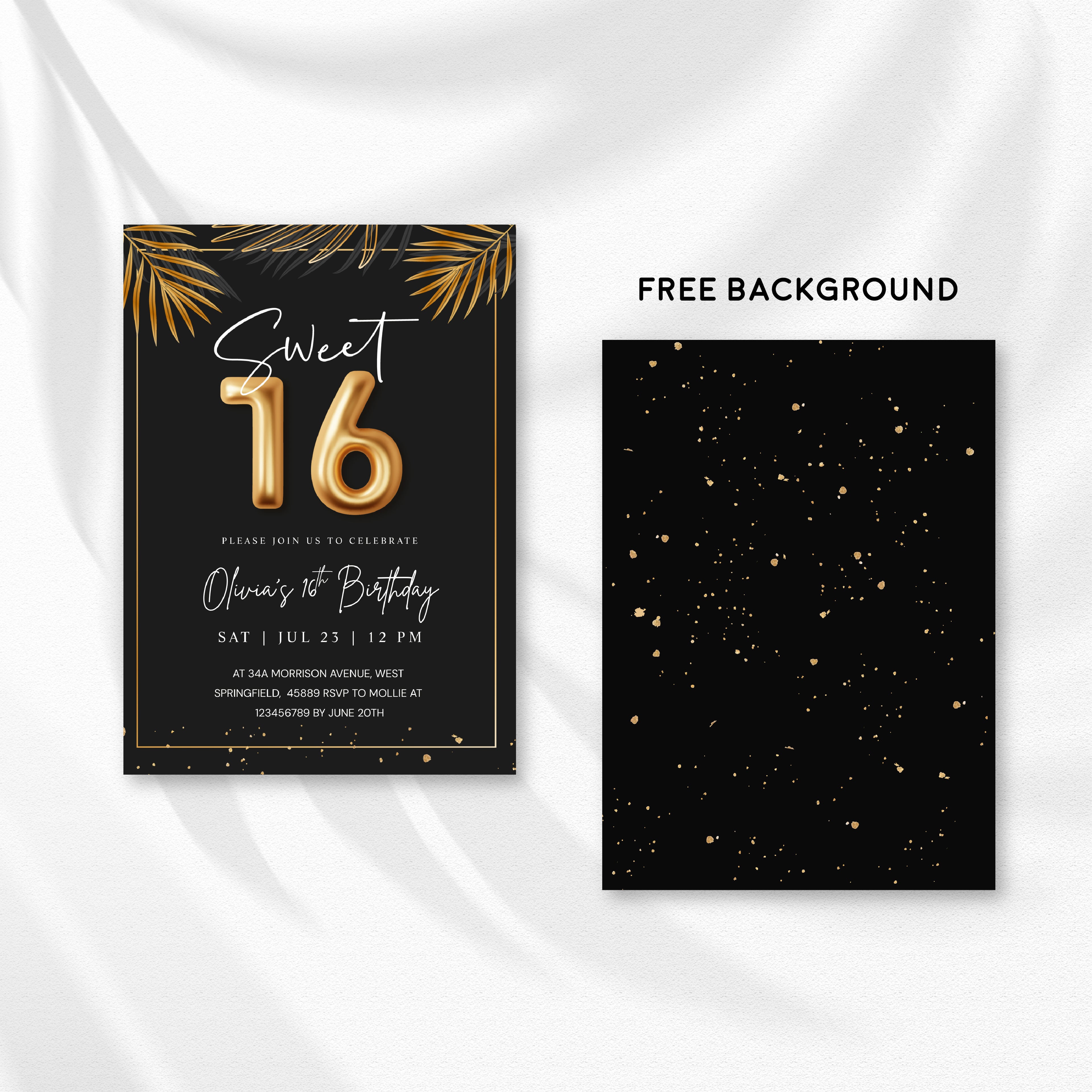 Sweet 16 Tropical Gold Invitation Template | Editable Sixteenth Birthday Invite | Golden Leaves Canva Instant Download
