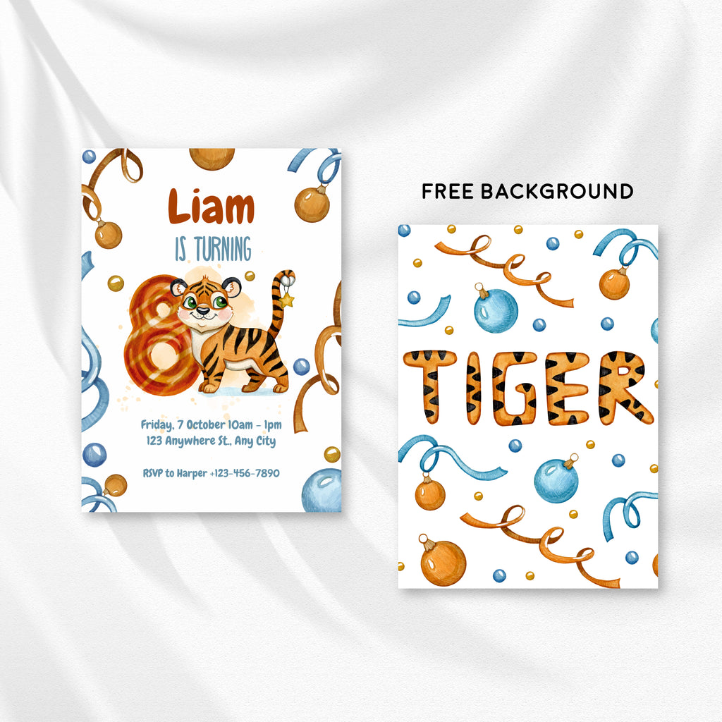 Wild & Cute Tiger 8th Birthday Invitation – Editable Canva Template