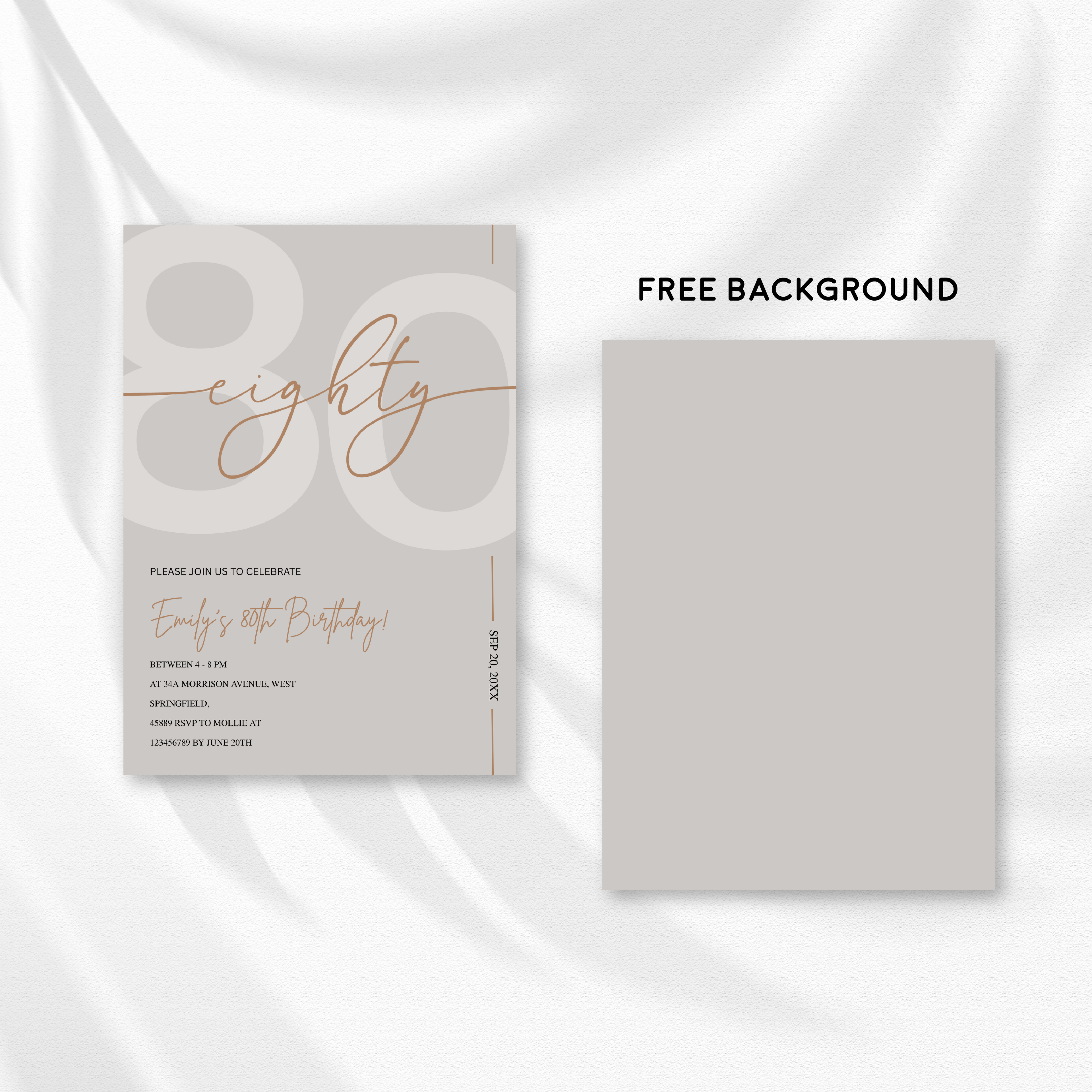 Modern Beige & Gold 80th Birthday Invitation – Editable Canva Template