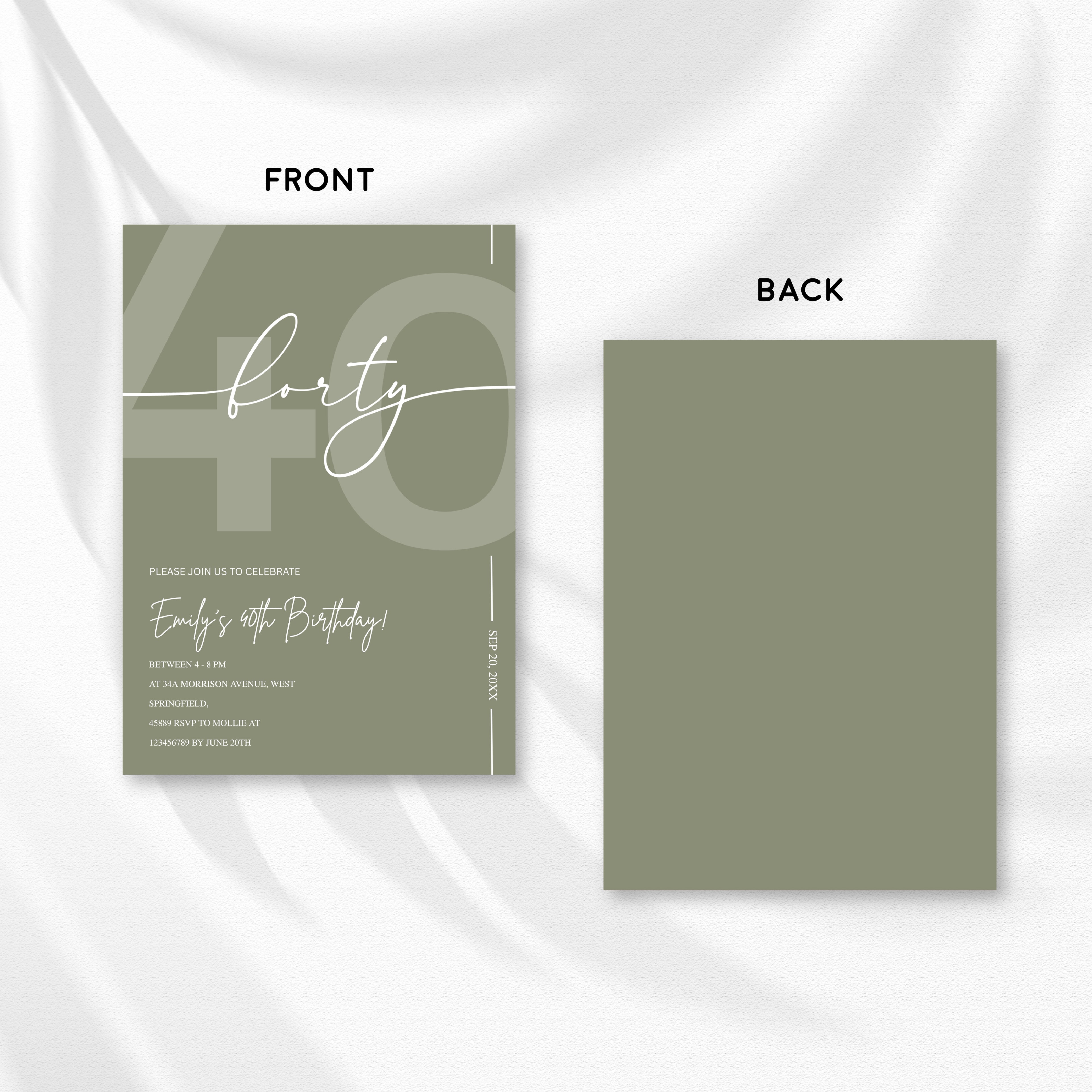 Elegant Sage Green 40th Birthday Invitation Template | Minimalist Forty Milestone Party Invite | Editable & Instant Download