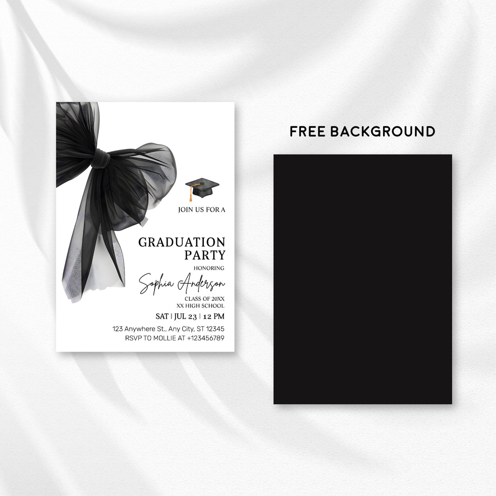 Elegant Black Bow Graduation Party Invitation – Editable Canva Template