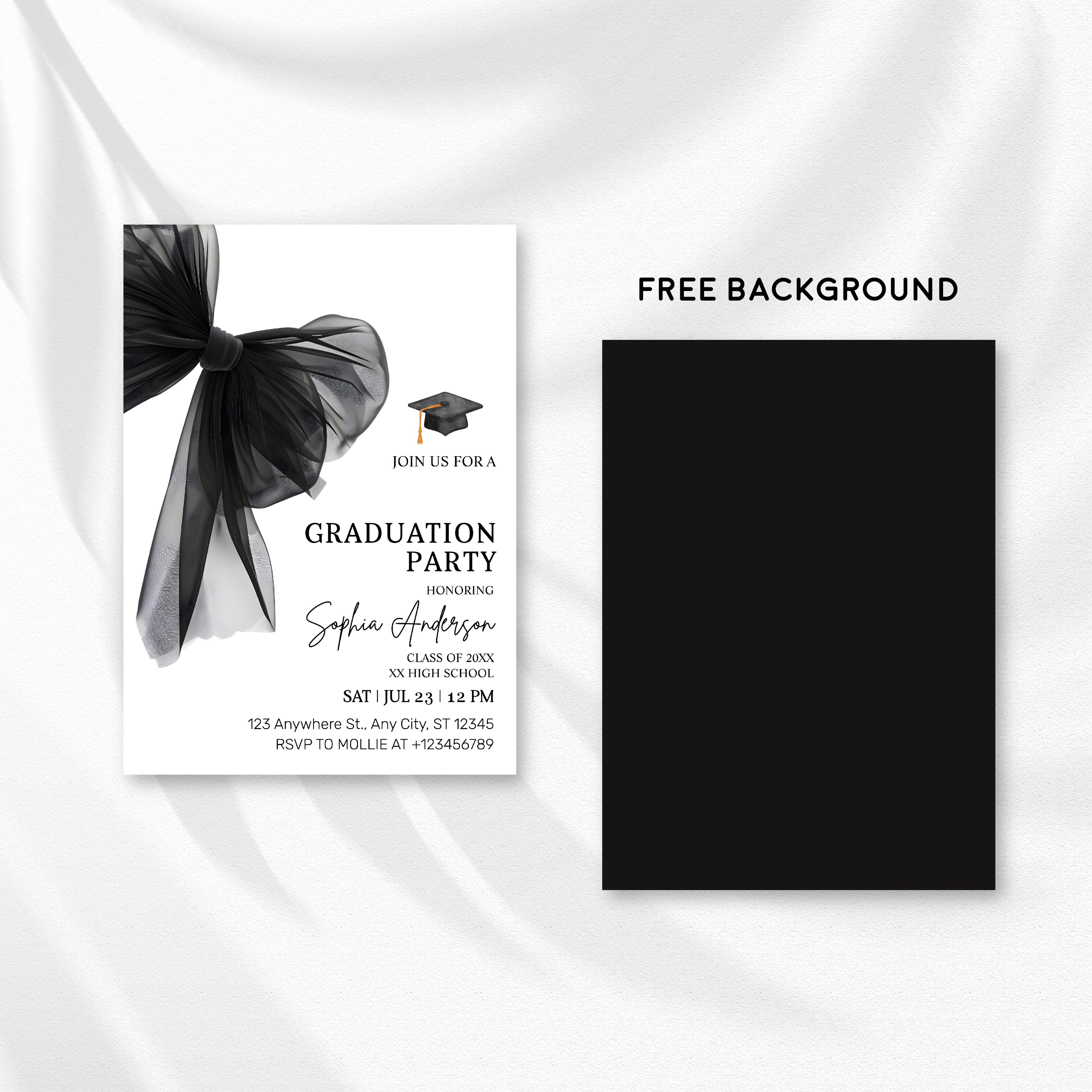 Elegant Black Bow Graduation Party Invitation – Editable Canva Template