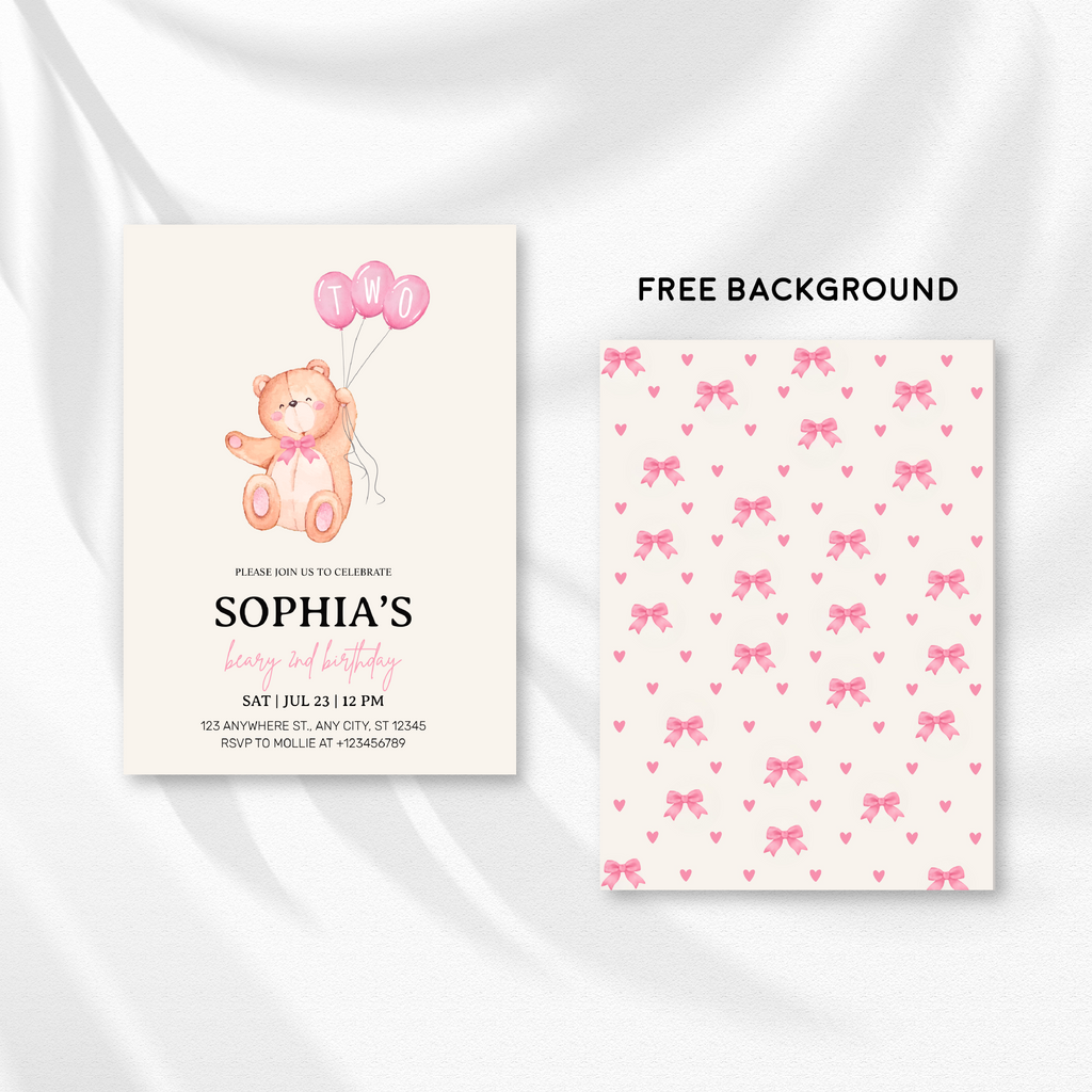 Beary Pink Balloon 2nd Birthday Teddy Invitation – Editable Canva Template