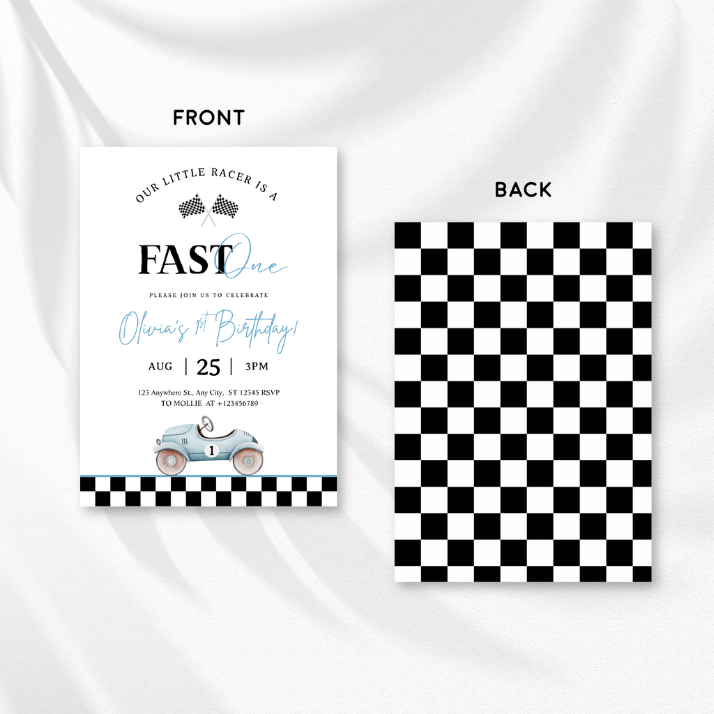Editable “Fast ONE” Race Car 1st Birthday Invitation | Blue Vintage Car Canva Template – Instant Download