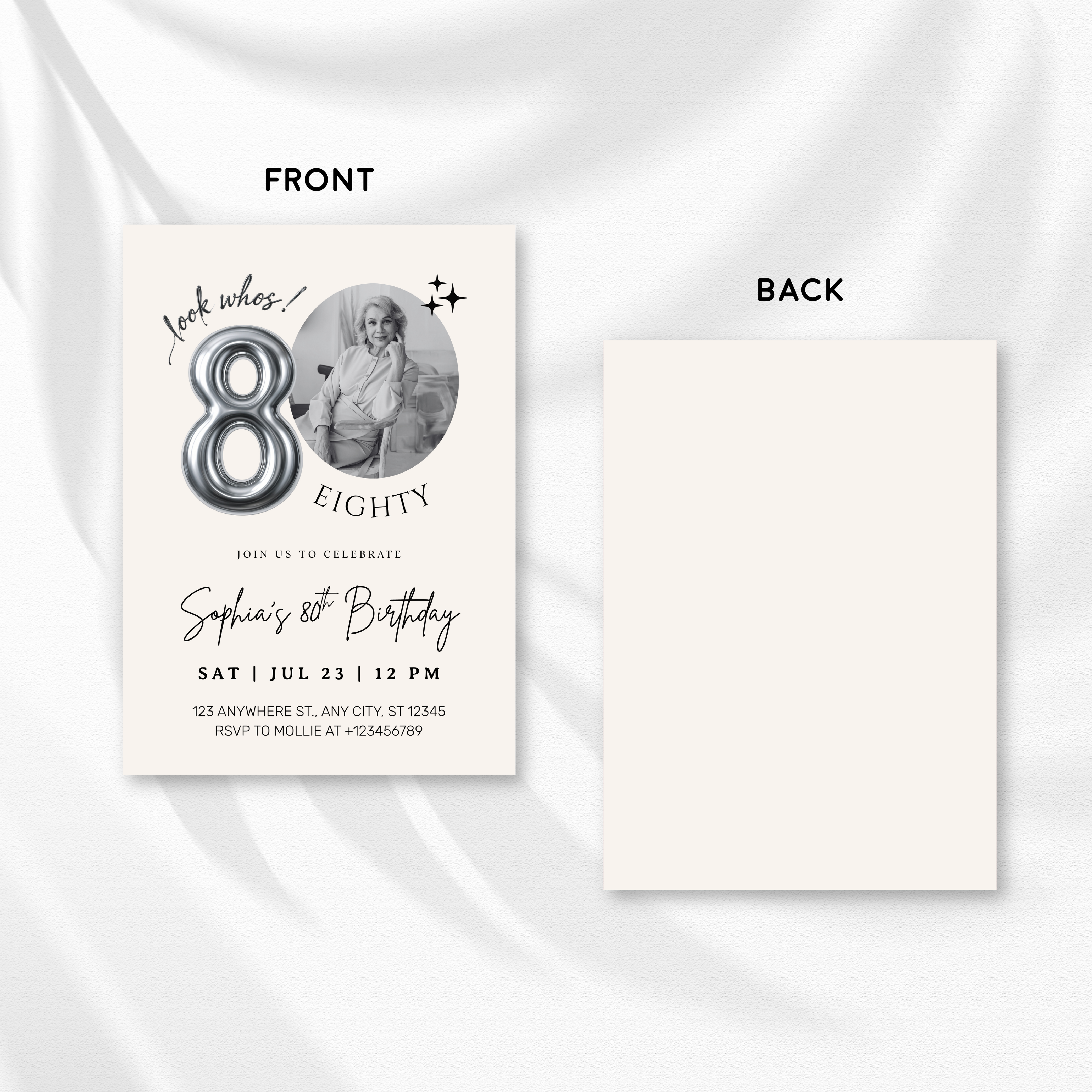 Editable 80th Birthday Photo Invitation Canva Template Silver Balloon Minimalist Party Invite Instant Download