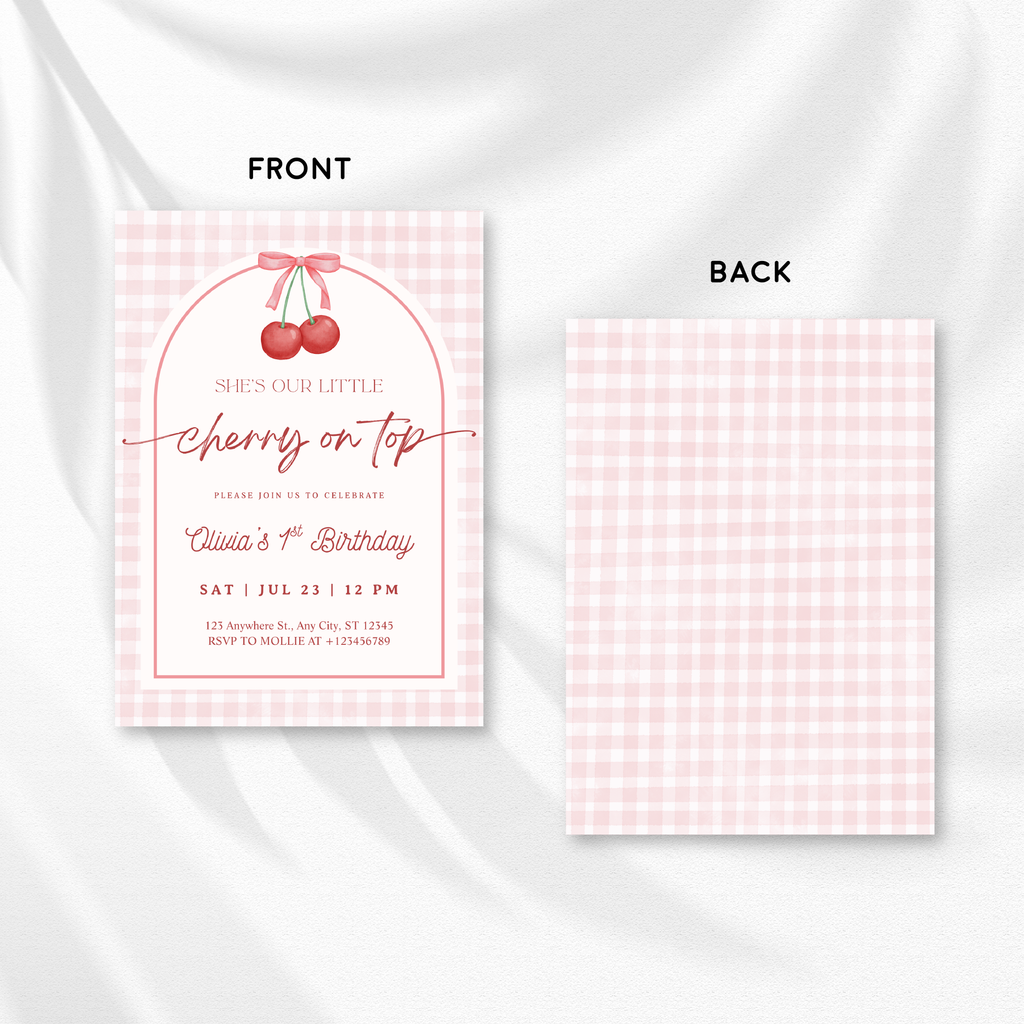 Editable “Cherry on Top” 1st Birthday Invitation | Gingham First Birthday Canva Template – Instant Download