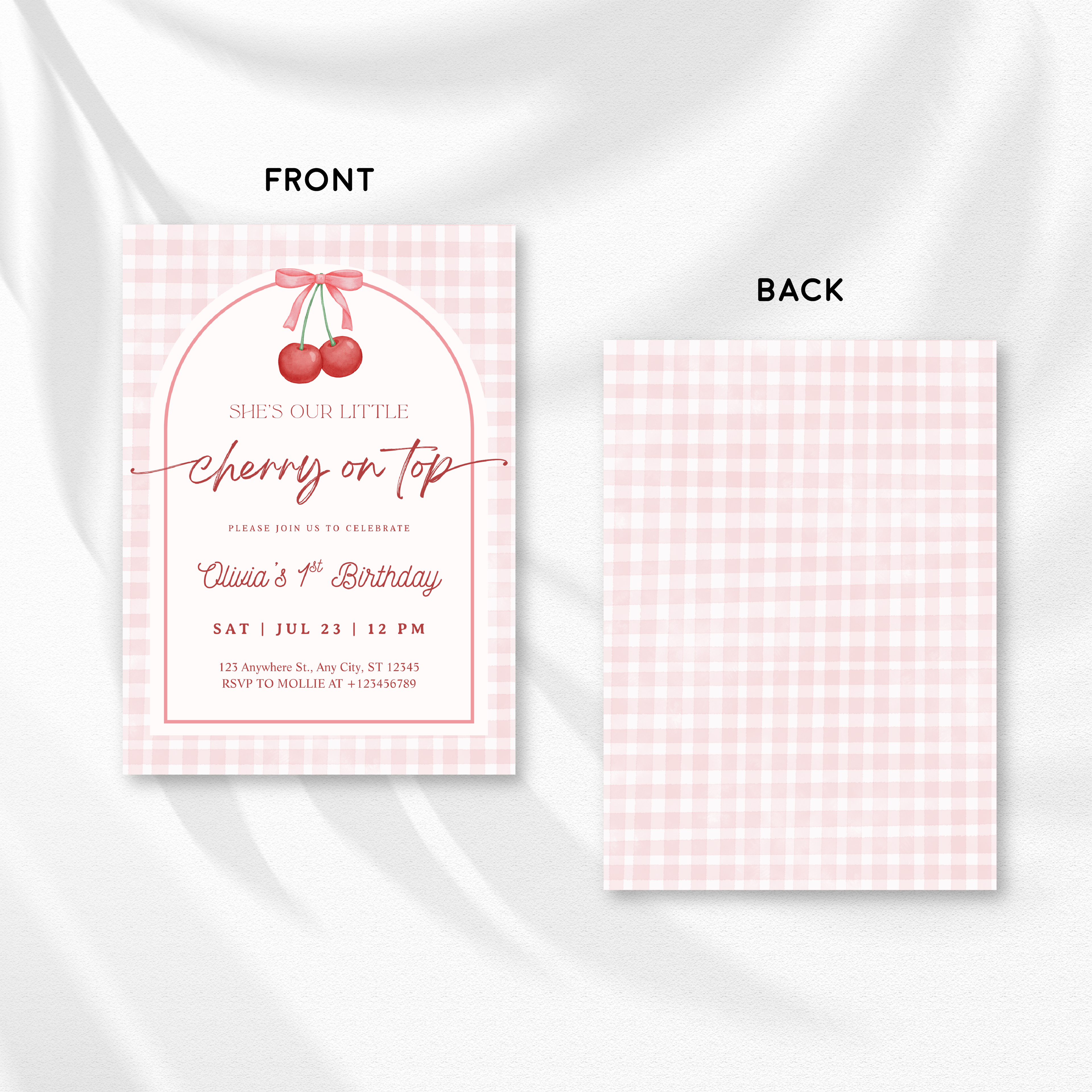 Editable “Cherry on Top” 1st Birthday Invitation | Gingham First Birthday Canva Template – Instant Download
