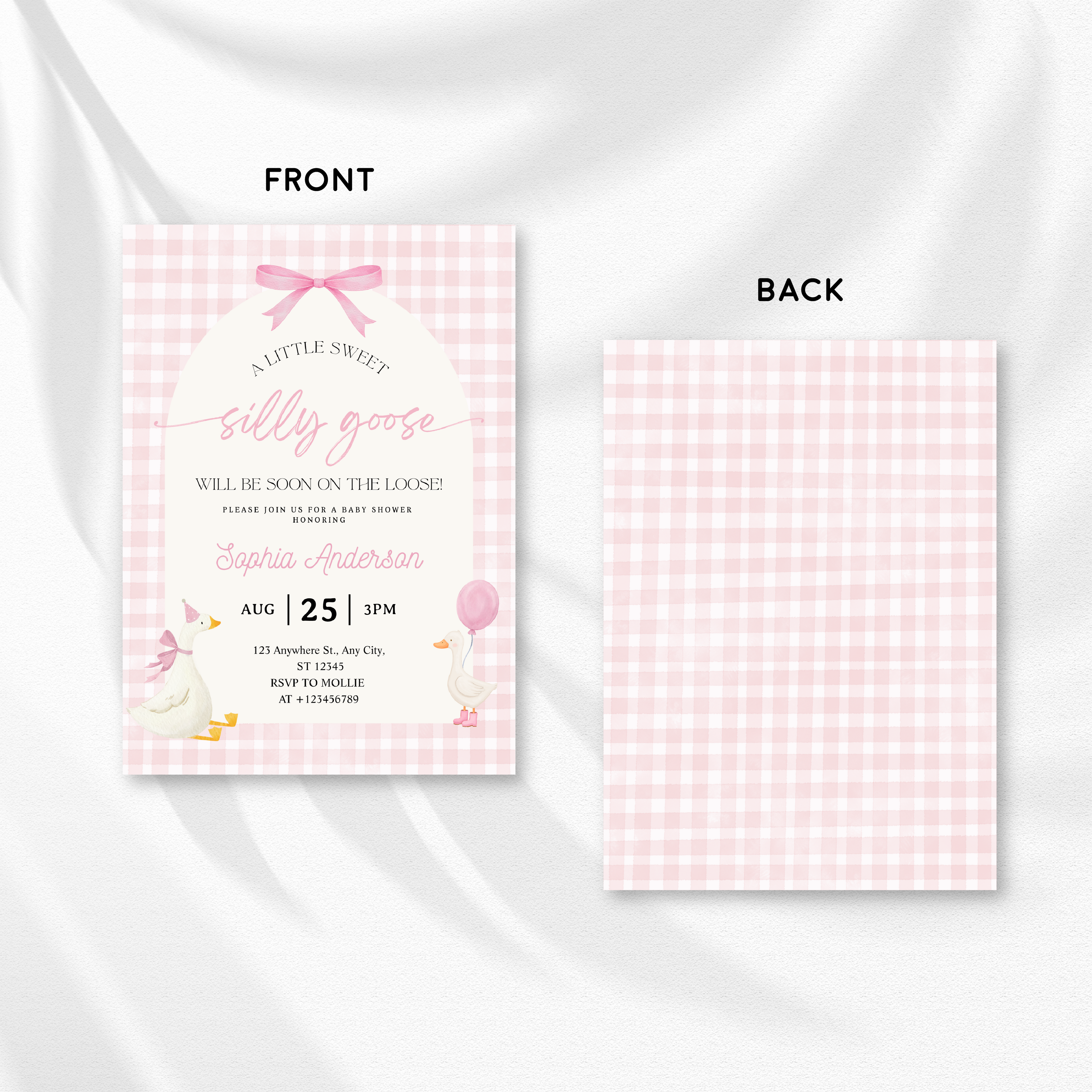 Editable Silly Goose Baby Shower Invitation | Pink Bow Gingham Canva Template – Instant Download