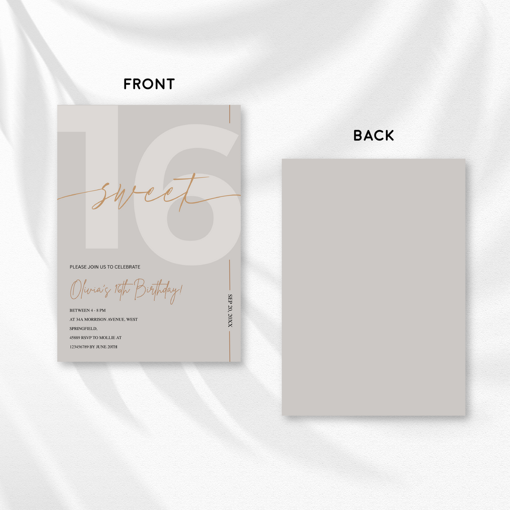 Modern Beige & Gold Sweet 16th Birthday Invitation – Editable Canva Template