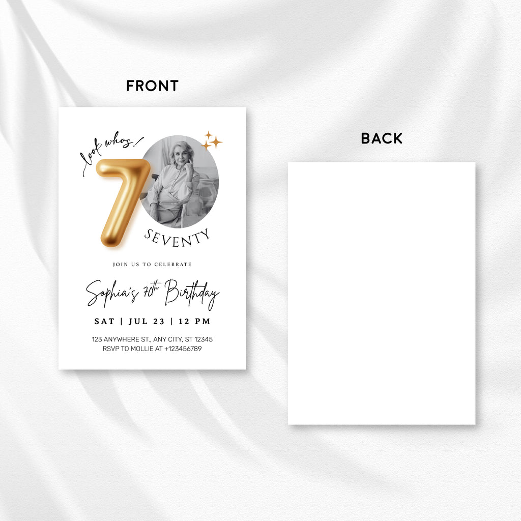 Modern Minimalist 70th Birthday Gold Balloon Photo Invitation Template | Elegant Milestone Party Invite | Editable & Instant Download