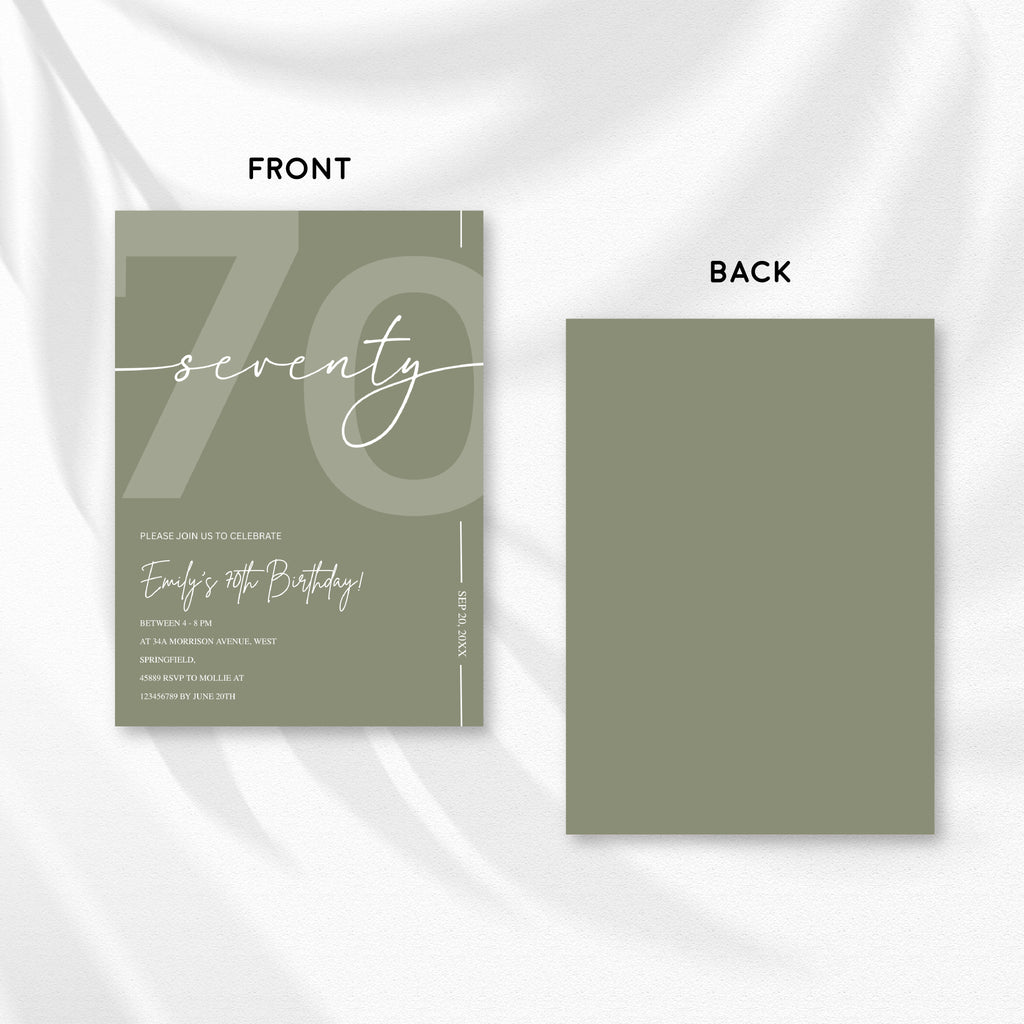 Elegant Sage Green 70th Birthday Invitation Template | Minimalist Seventy Milestone Party Invite | Editable & Instant Download