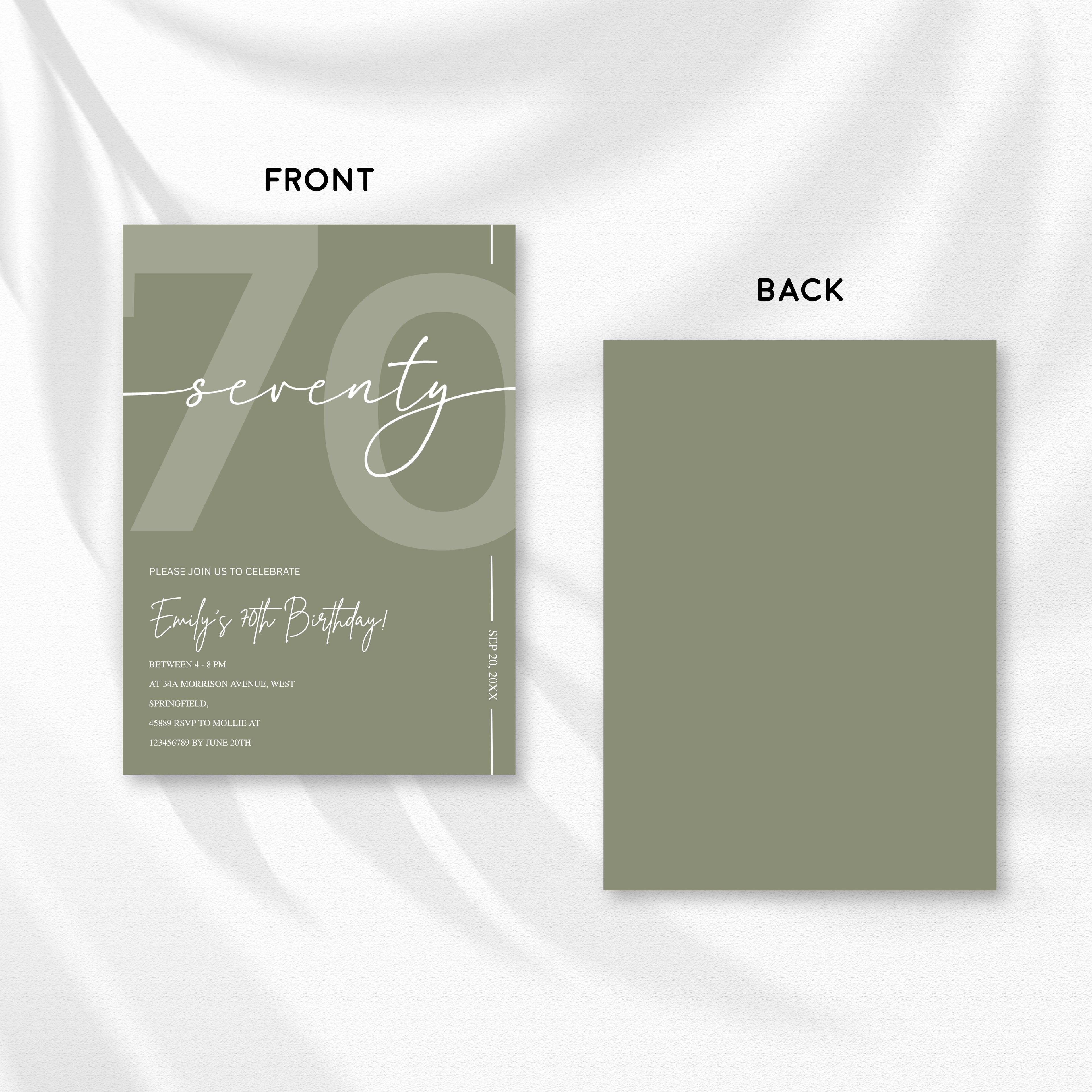 Elegant Sage Green 70th Birthday Invitation Template | Minimalist Seventy Milestone Party Invite | Editable & Instant Download