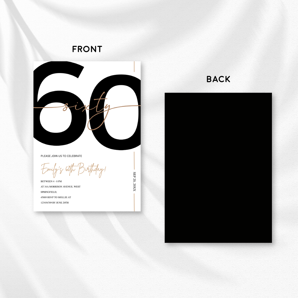 Modern Minimalist White & Gold 60th Birthday Party Invitation – Editable Canva Template