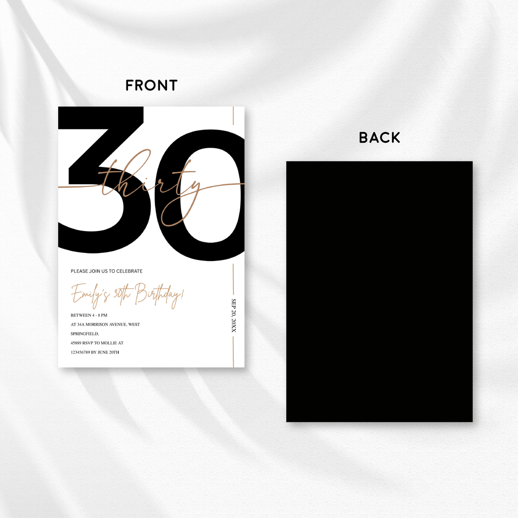 Modern Minimalist White & Gold 30th Birthday Party Invitation – Editable Canva Template