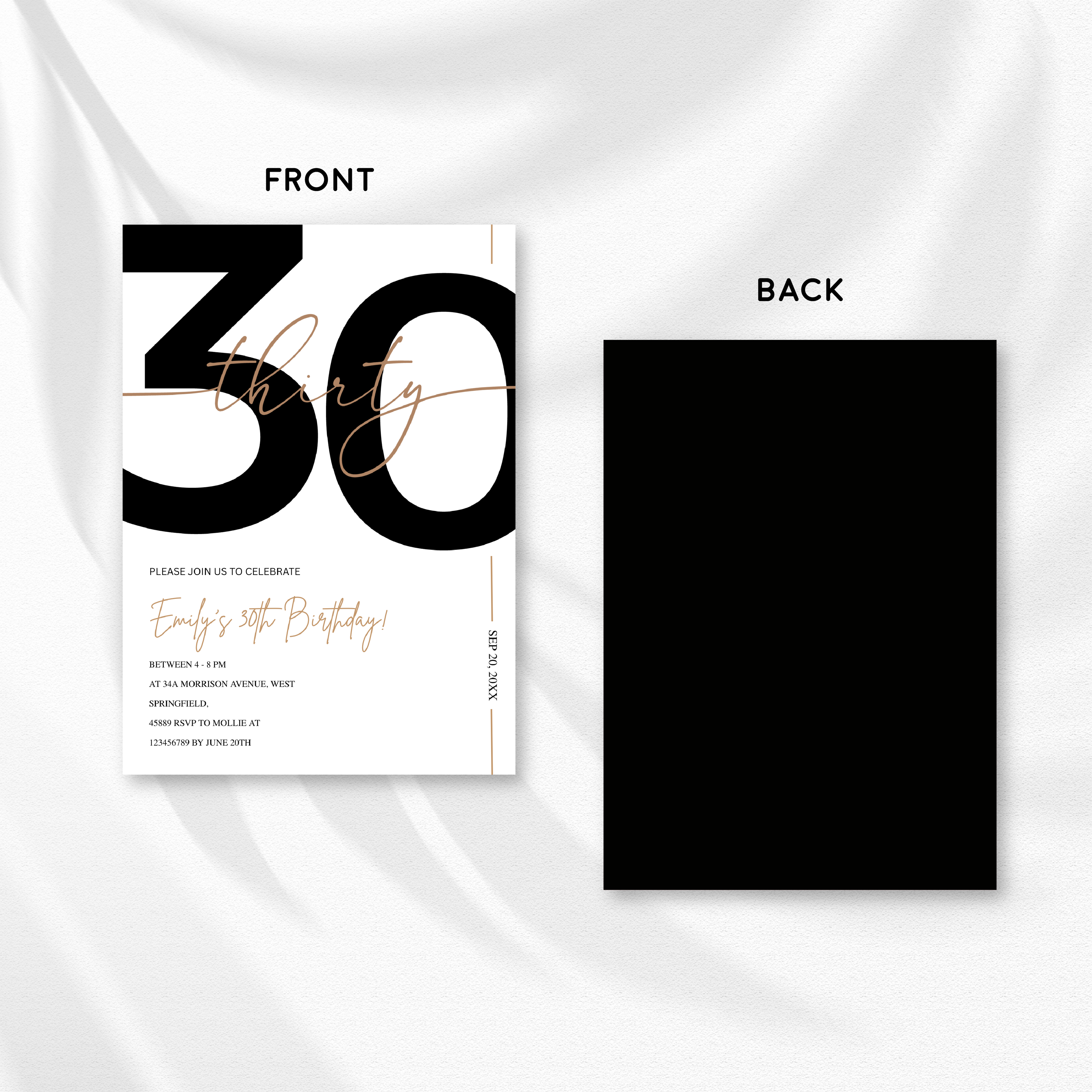 Modern Minimalist White & Gold 30th Birthday Party Invitation – Editable Canva Template