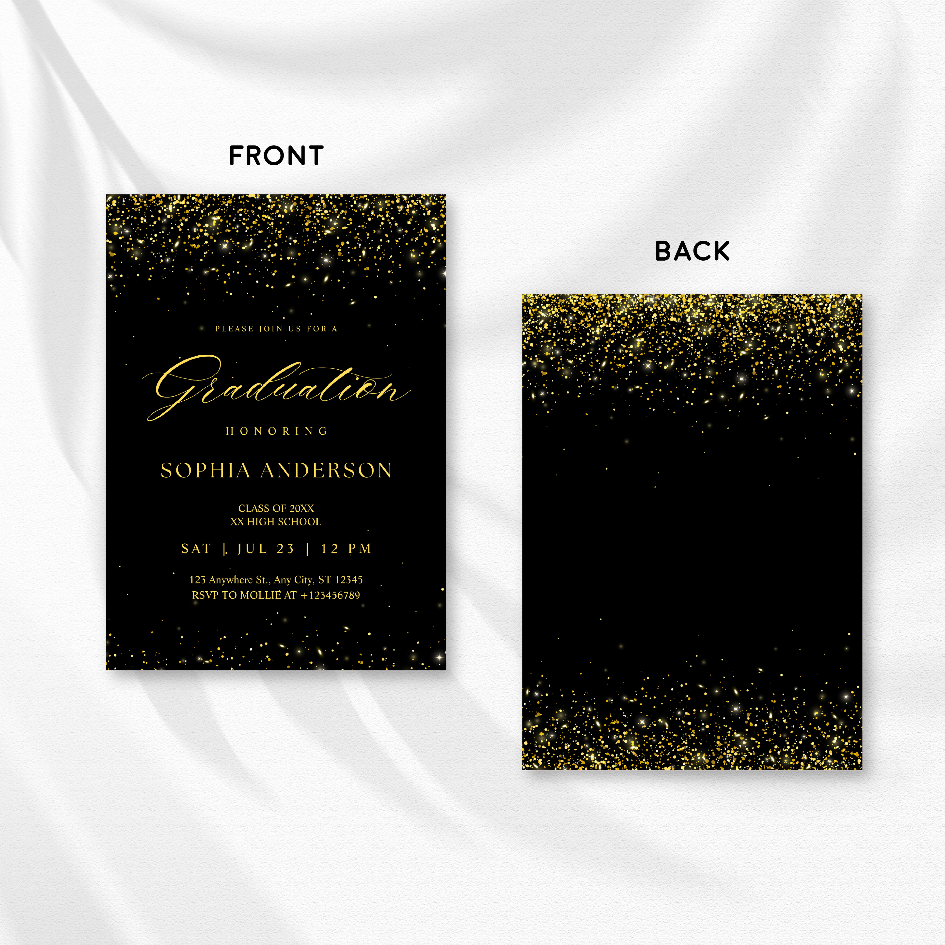 Elegant Black & Gold Graduation Invitation | Faux Gold Confetti Graduation Party Invite