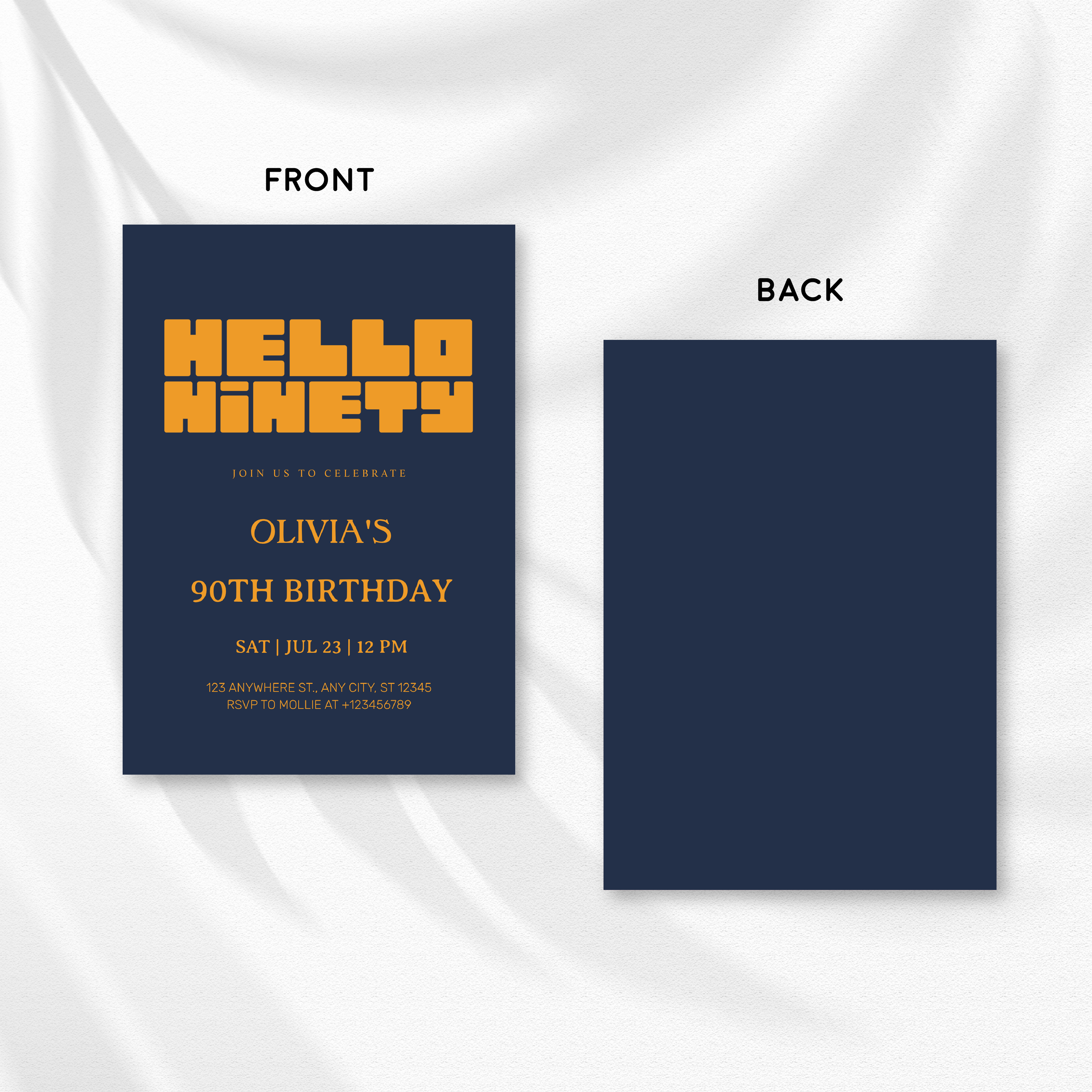 Hello Ninety Navy Blue 90th Birthday Invitation | Modern Milestone Party Invite | Elegant Birthday Celebration