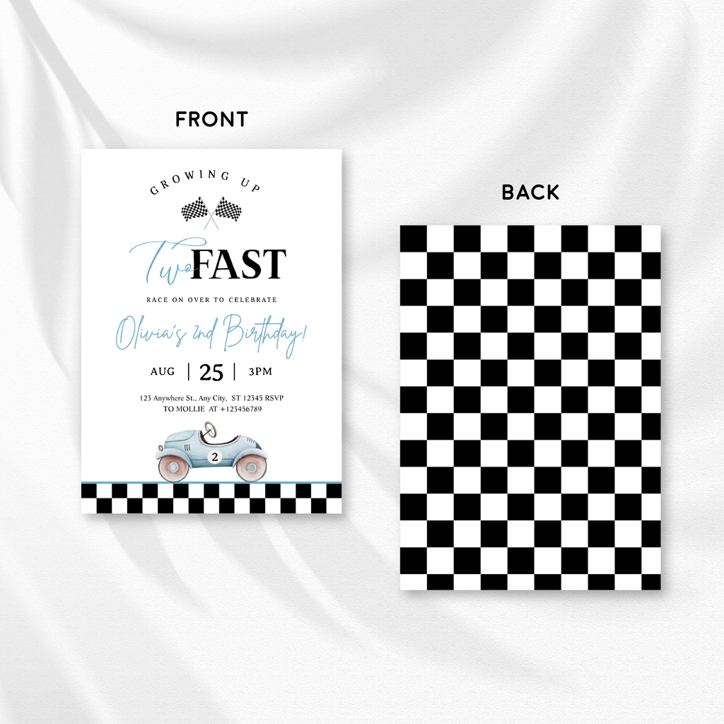 Growing Up Two Fast 2nd Birthday Invitation | Blue Vintage Race Car Party Invite