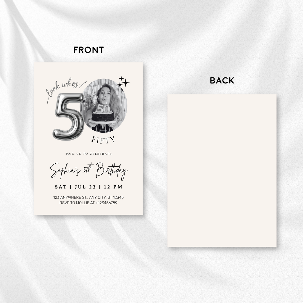 Editable 50th Birthday Photo Invitation Canva Template Silver Balloon Minimalist Party Invite Instant Download