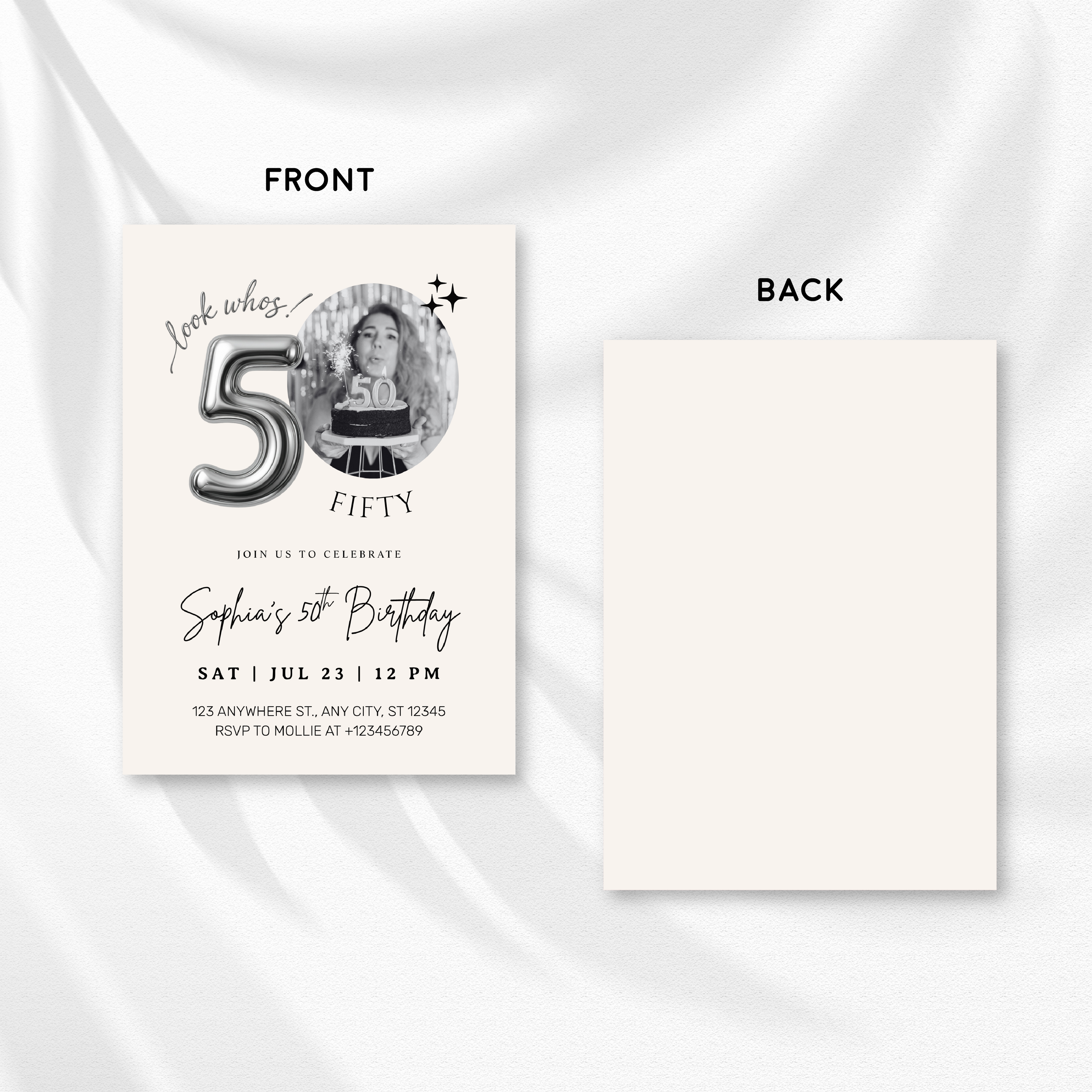 Editable 50th Birthday Photo Invitation Canva Template Silver Balloon Minimalist Party Invite Instant Download