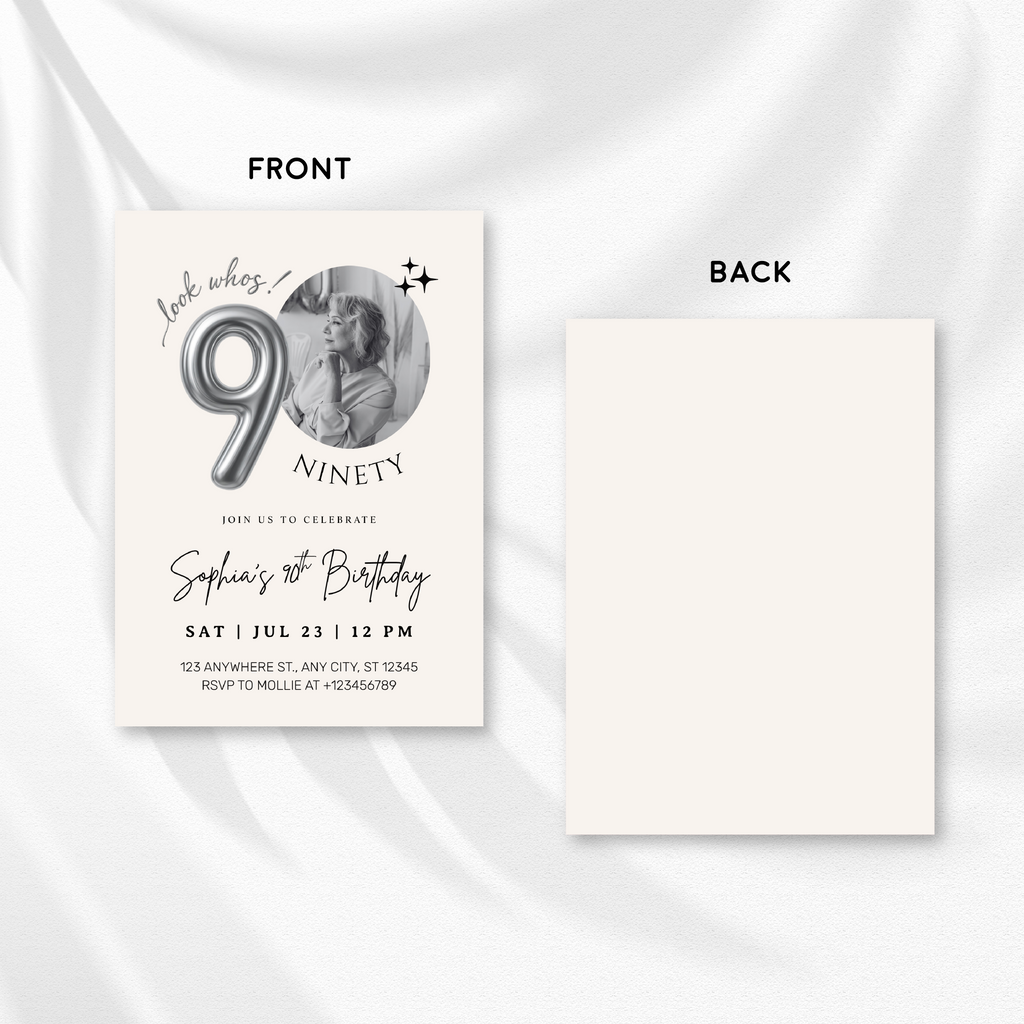 Editable 90th Birthday Photo Invitation Canva Template Silver Balloon Minimalist Party Invite Instant Download