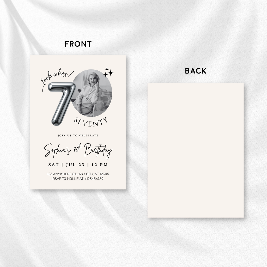 Editable 70th Birthday Photo Invitation Canva Template Silver Balloon Minimalist Party Invite Instant Download