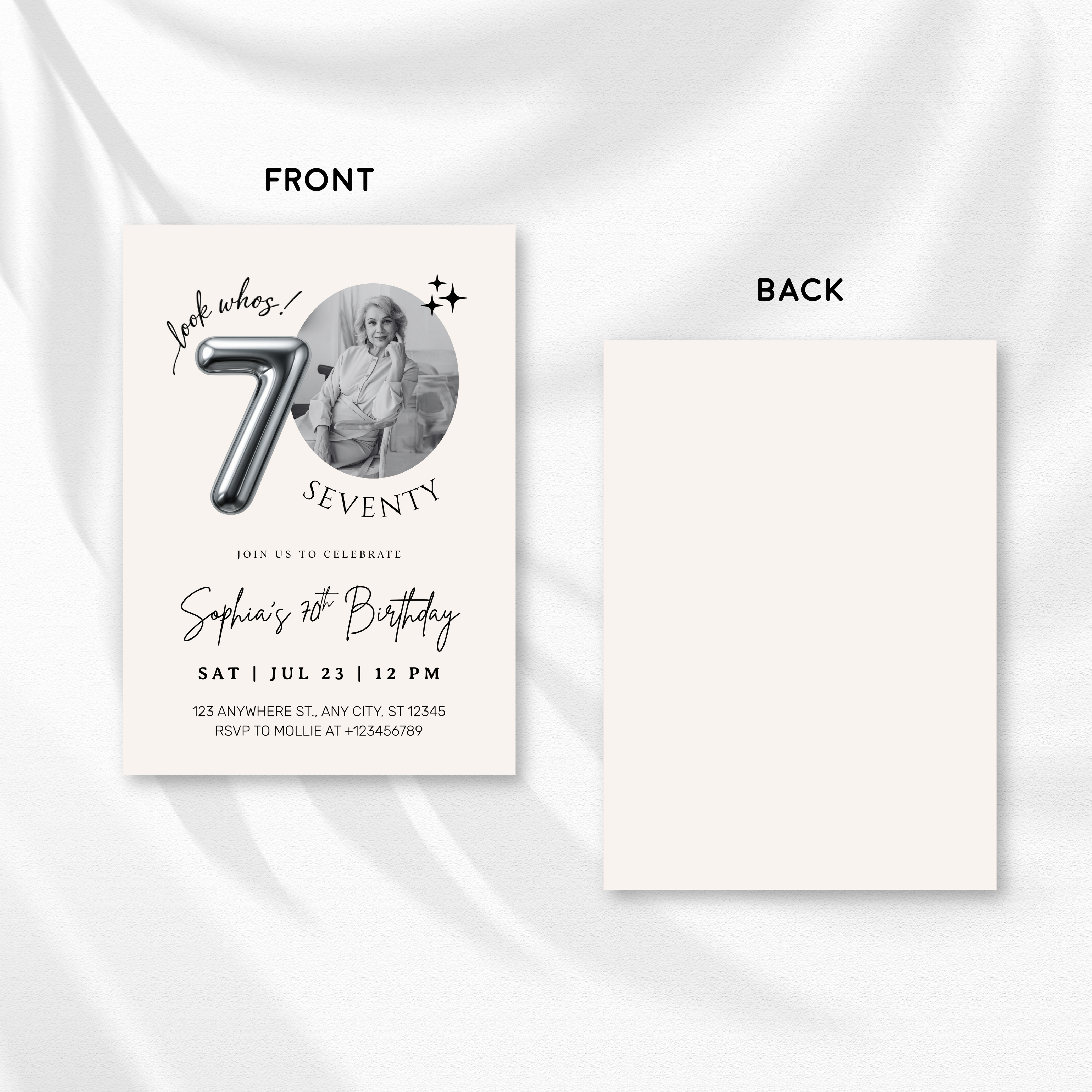 Editable 70th Birthday Photo Invitation Canva Template Silver Balloon Minimalist Party Invite Instant Download