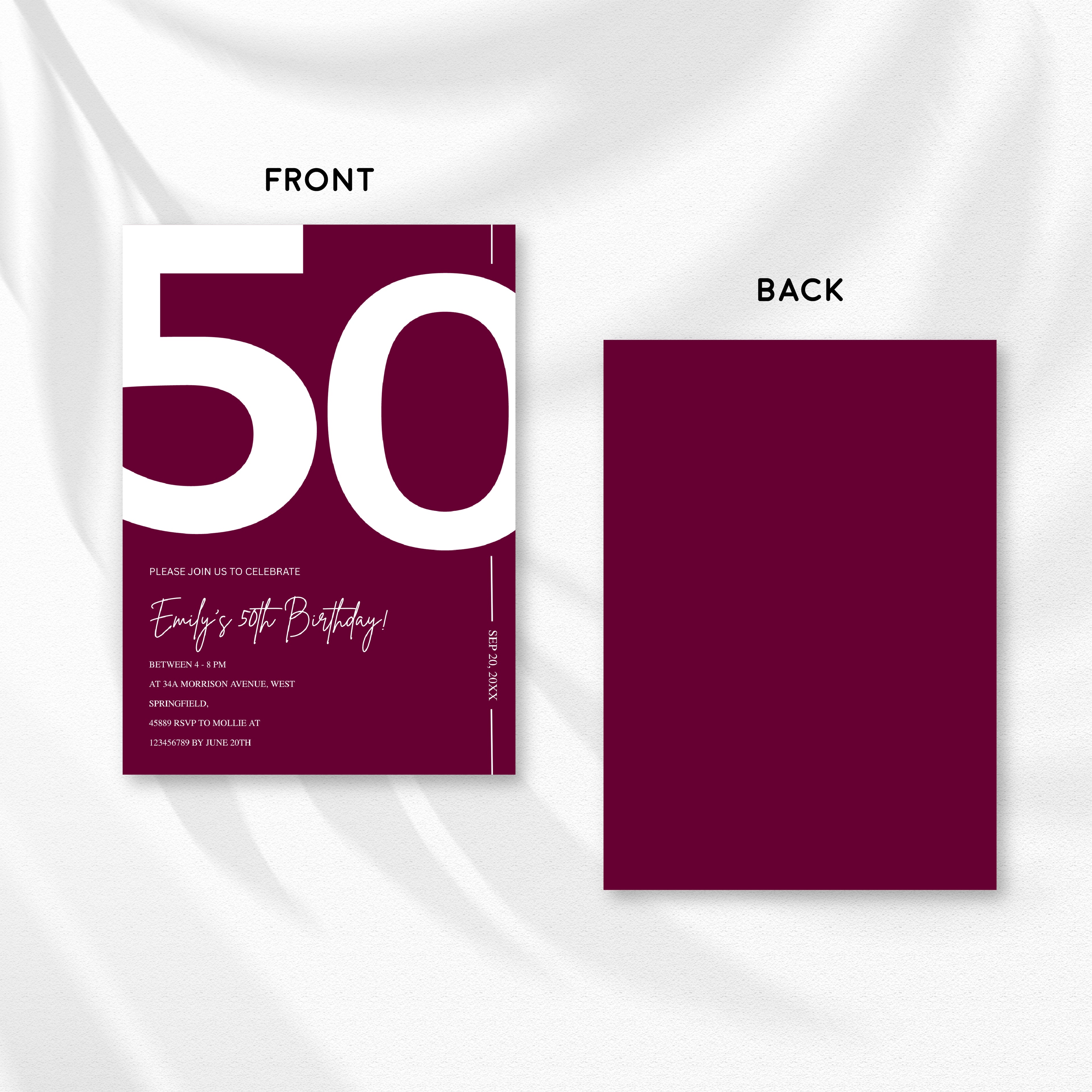 Elegant Burgundy 50th Birthday Invitation Template | Chic Fifty Milestone Party Invite | Editable & Instant Download