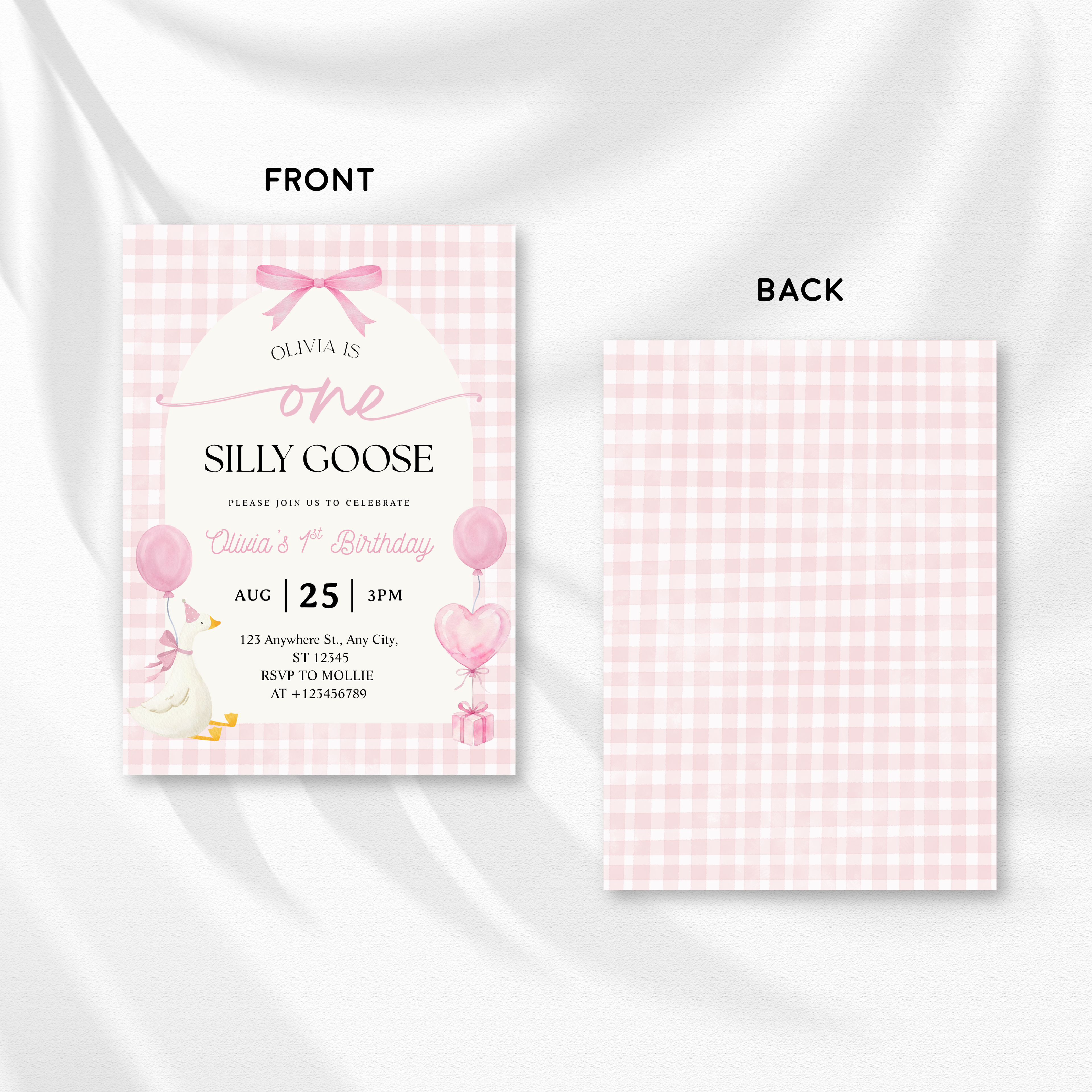 Editable One Silly Goose 1st Birthday Invitation | Pink Bow Gingham Canva Template – Instant Download