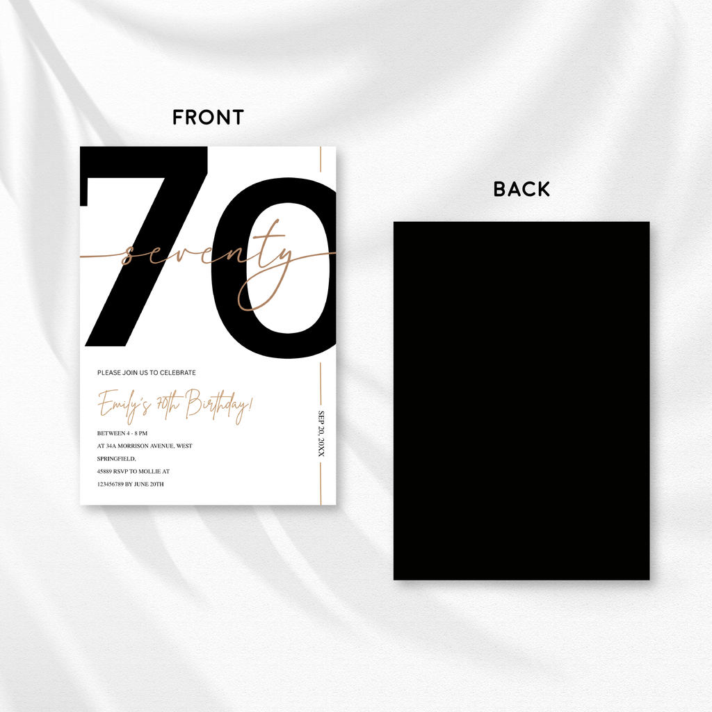 Modern Minimalist White & Gold 70th Birthday Party Invitation – Editable Canva Template