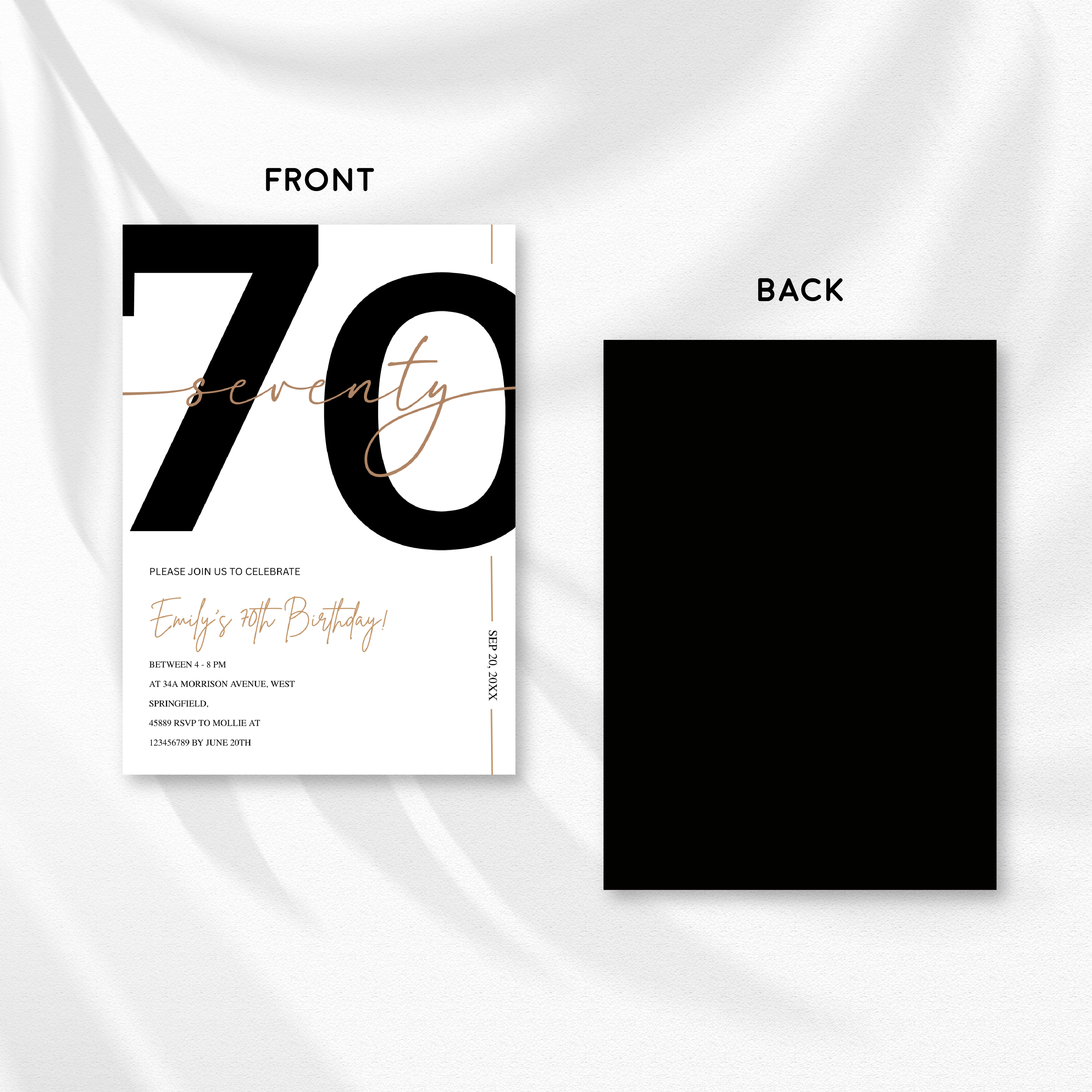 Modern Minimalist White & Gold 70th Birthday Party Invitation – Editable Canva Template