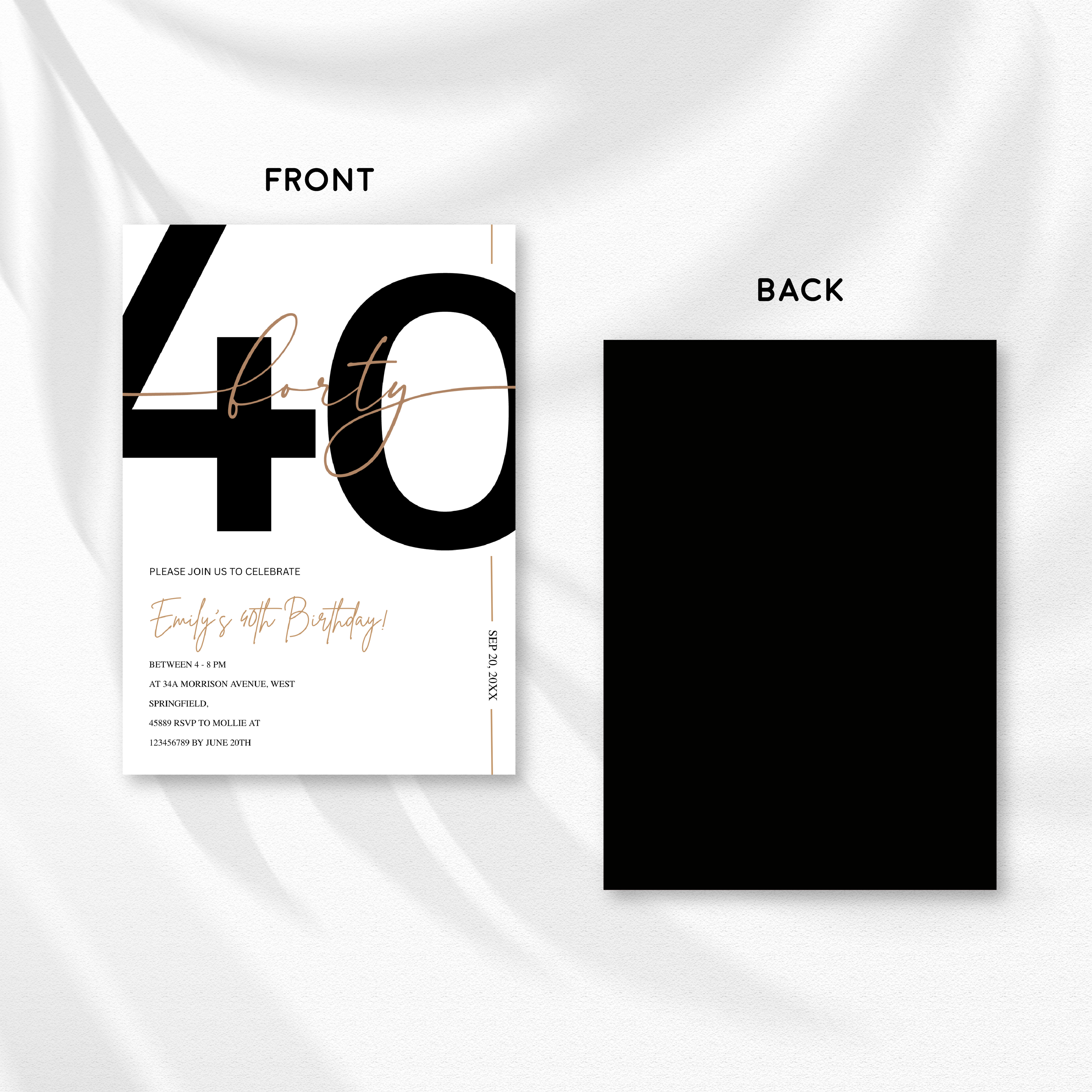Modern Minimalist White & Gold 40th Birthday Party Invitation – Editable Canva Template