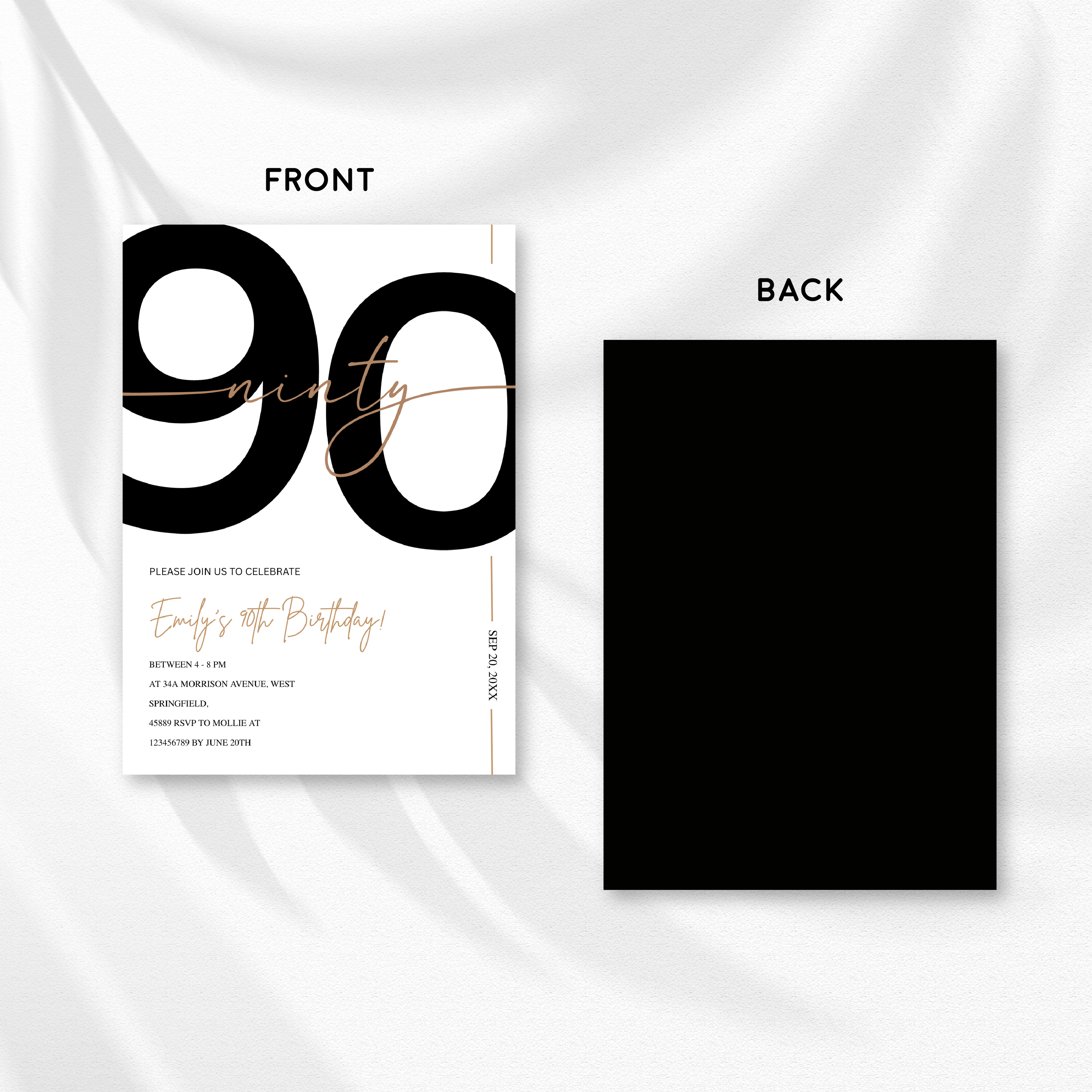 Modern Minimalist White & Gold 90th Birthday Party Invitation – Editable Canva Template