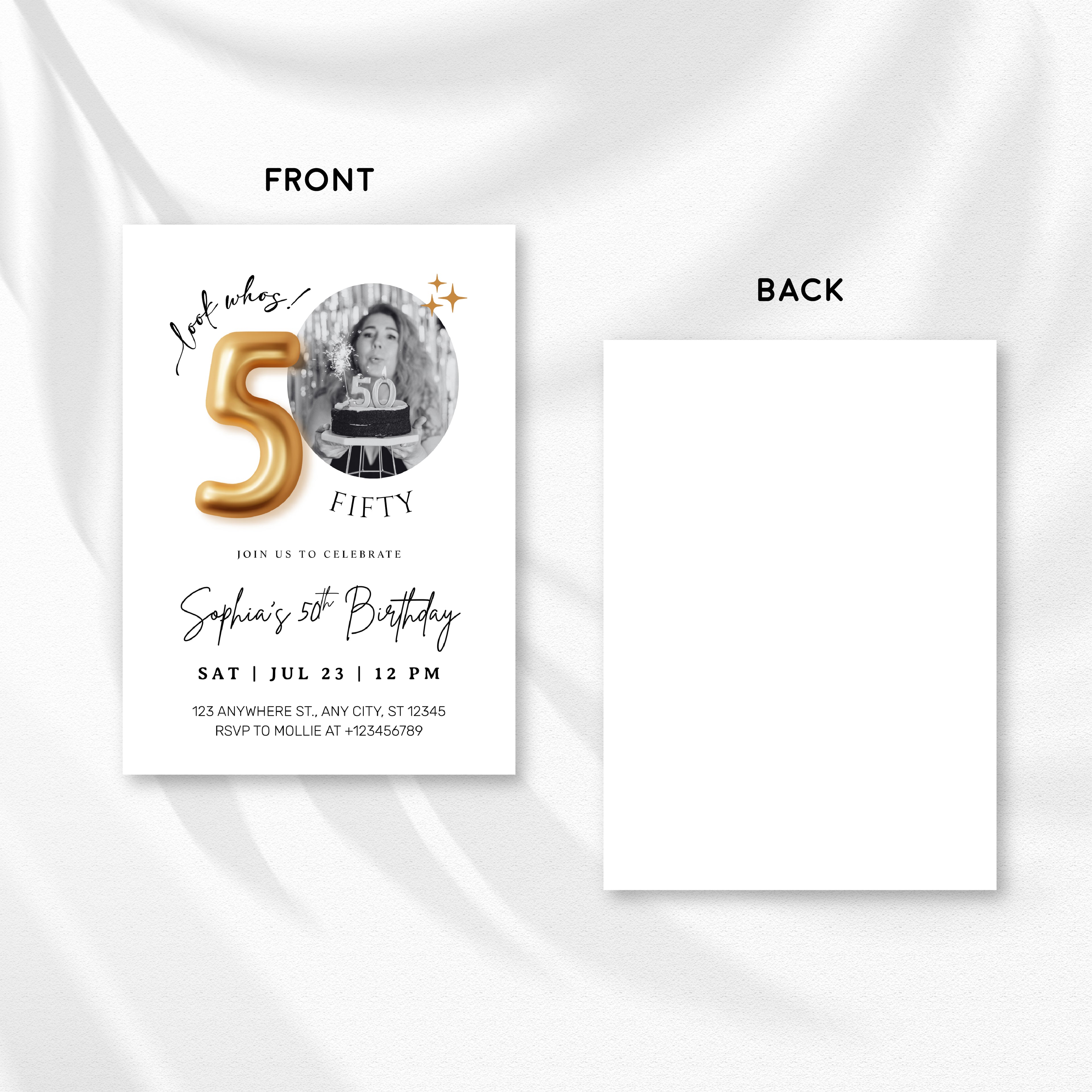Modern Minimalist 50th Birthday Gold Balloon Photo Invitation Template | Elegant Milestone Party Invite | Editable & Instant Download