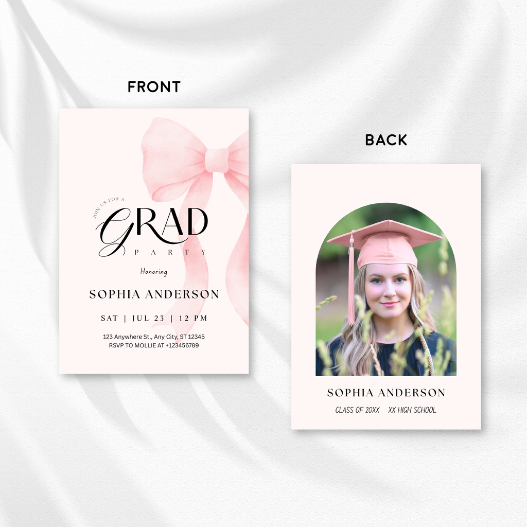 Elegant Blush Pink Bow Graduation Invitation with Photo | Editable Graduation Party Invite