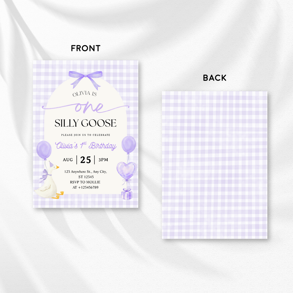 Editable One Silly Goose 1st Birthday Invitation | Purple Bow Gingham Canva Template – Instant Download
