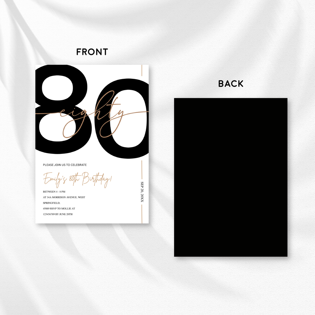Modern Minimalist White & Gold 80th Birthday Party Invitation – Editable Canva Template