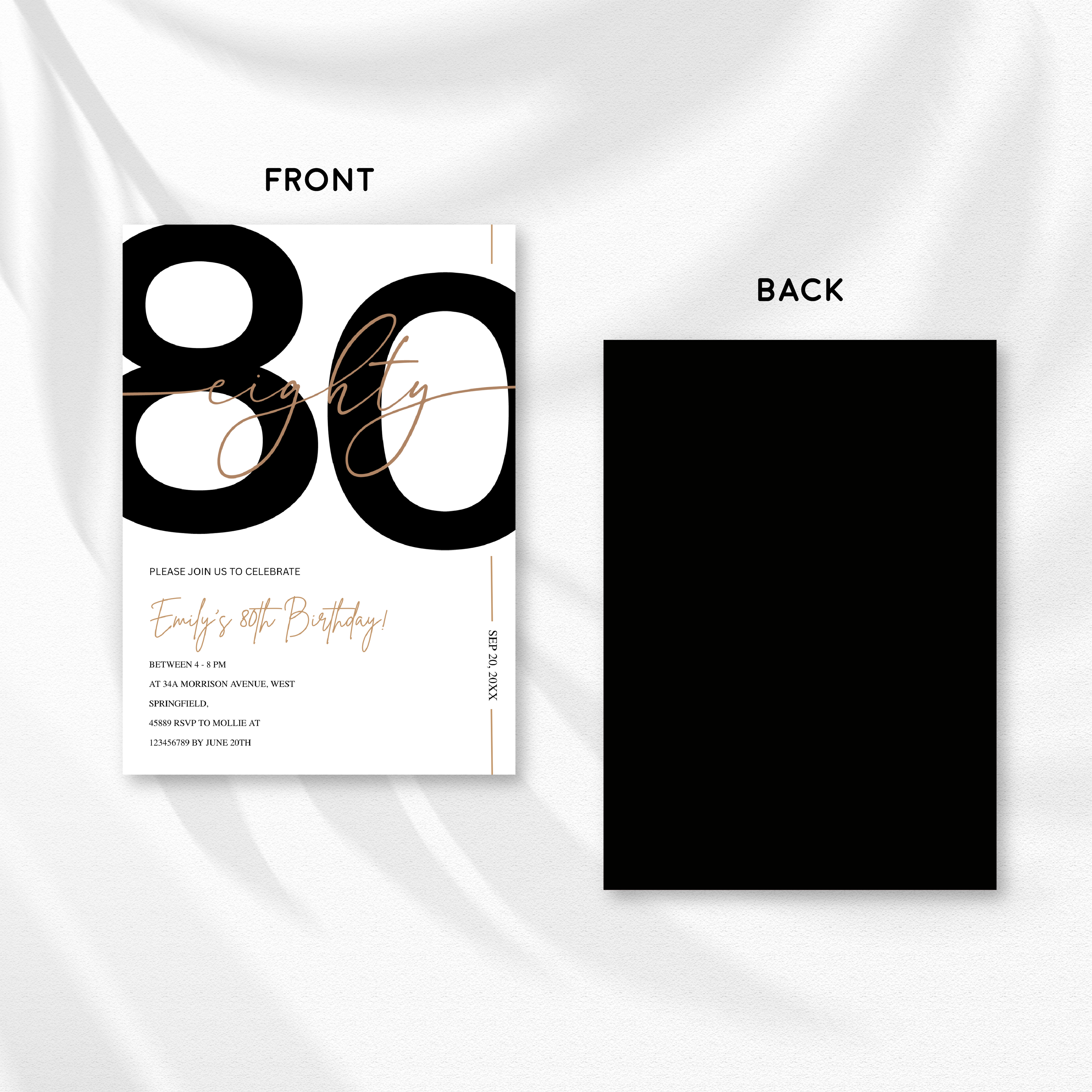 Modern Minimalist White & Gold 80th Birthday Party Invitation – Editable Canva Template
