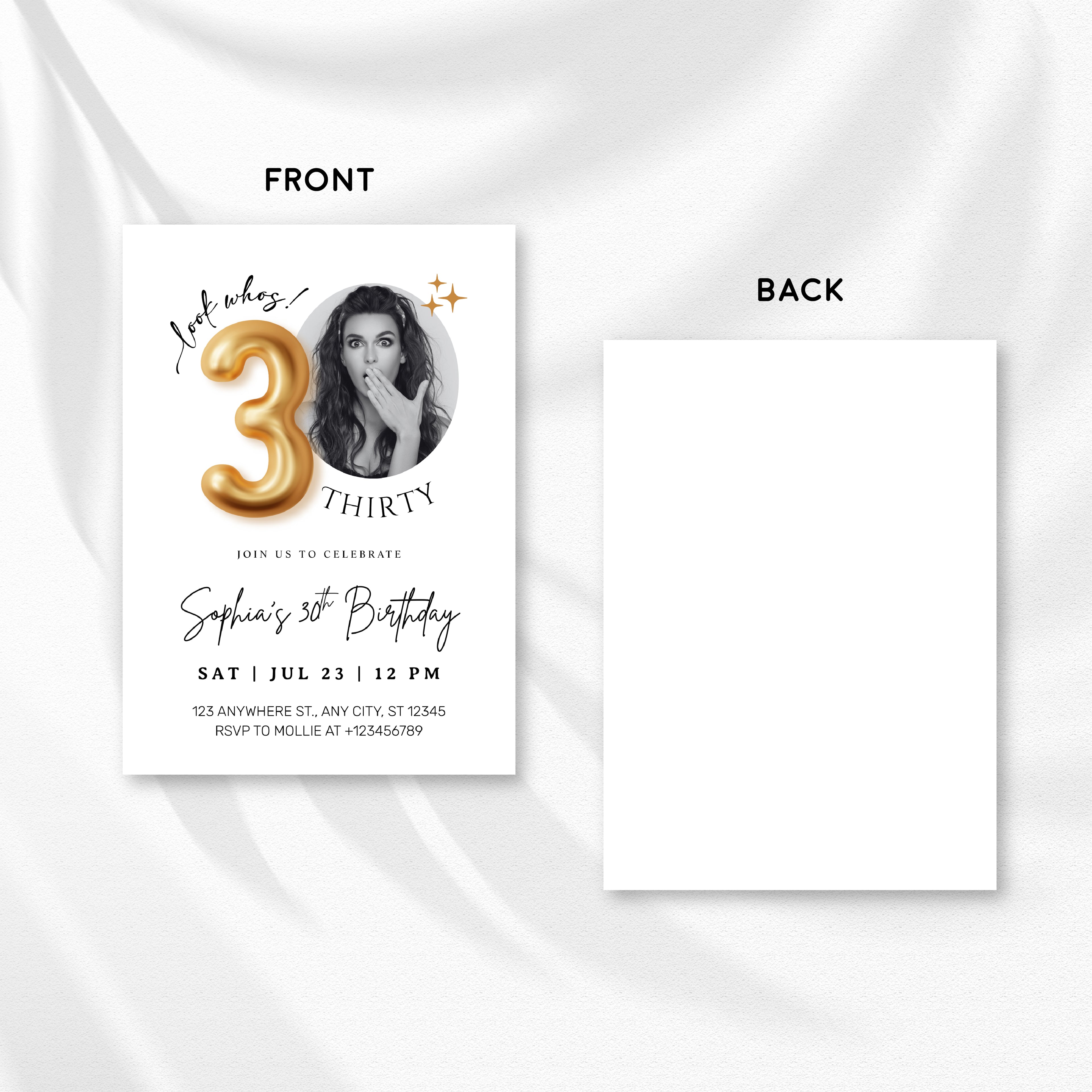 Modern Minimalist 30th Birthday Gold Balloon Photo Invitation Template | Elegant Milestone Party Invite | Editable & Instant Download