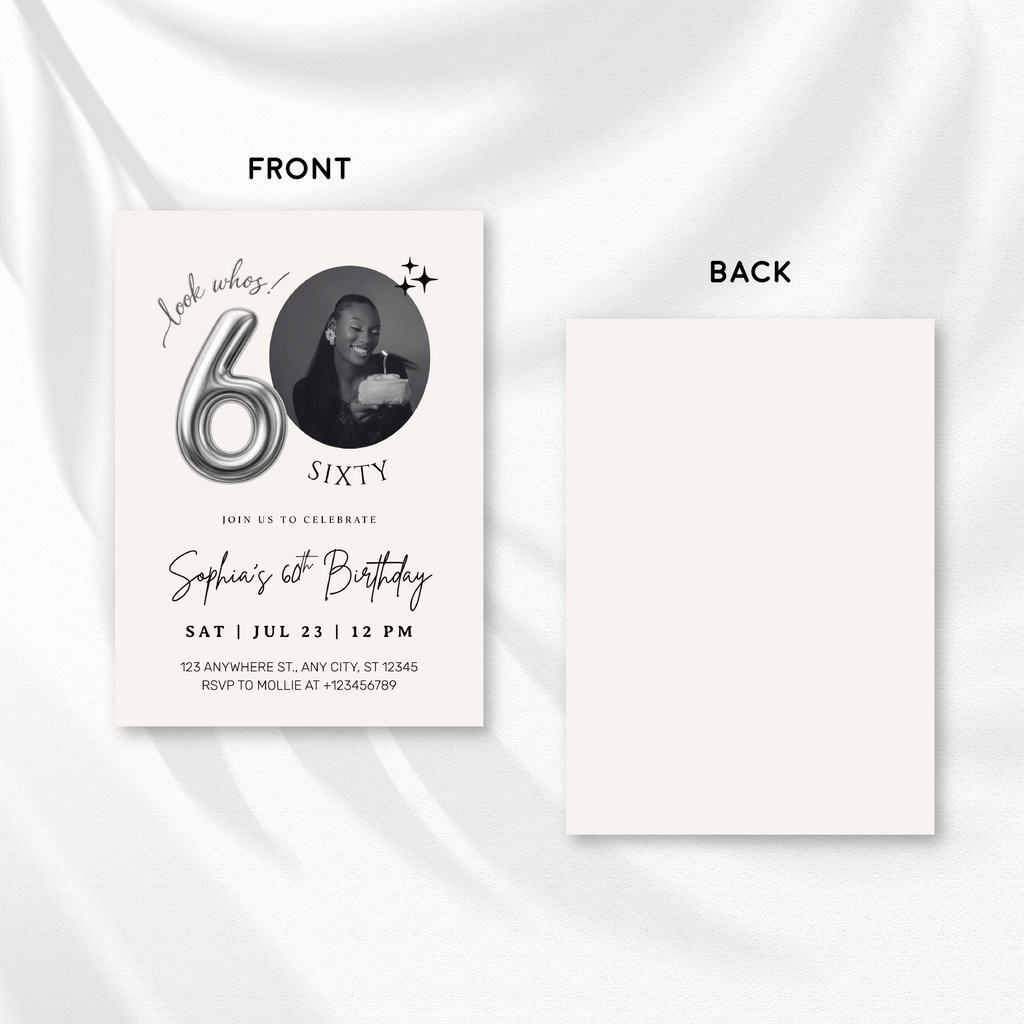 Editable 60th Birthday Photo Invitation Canva Template Silver Balloon Minimalist Party Invite Instant Download