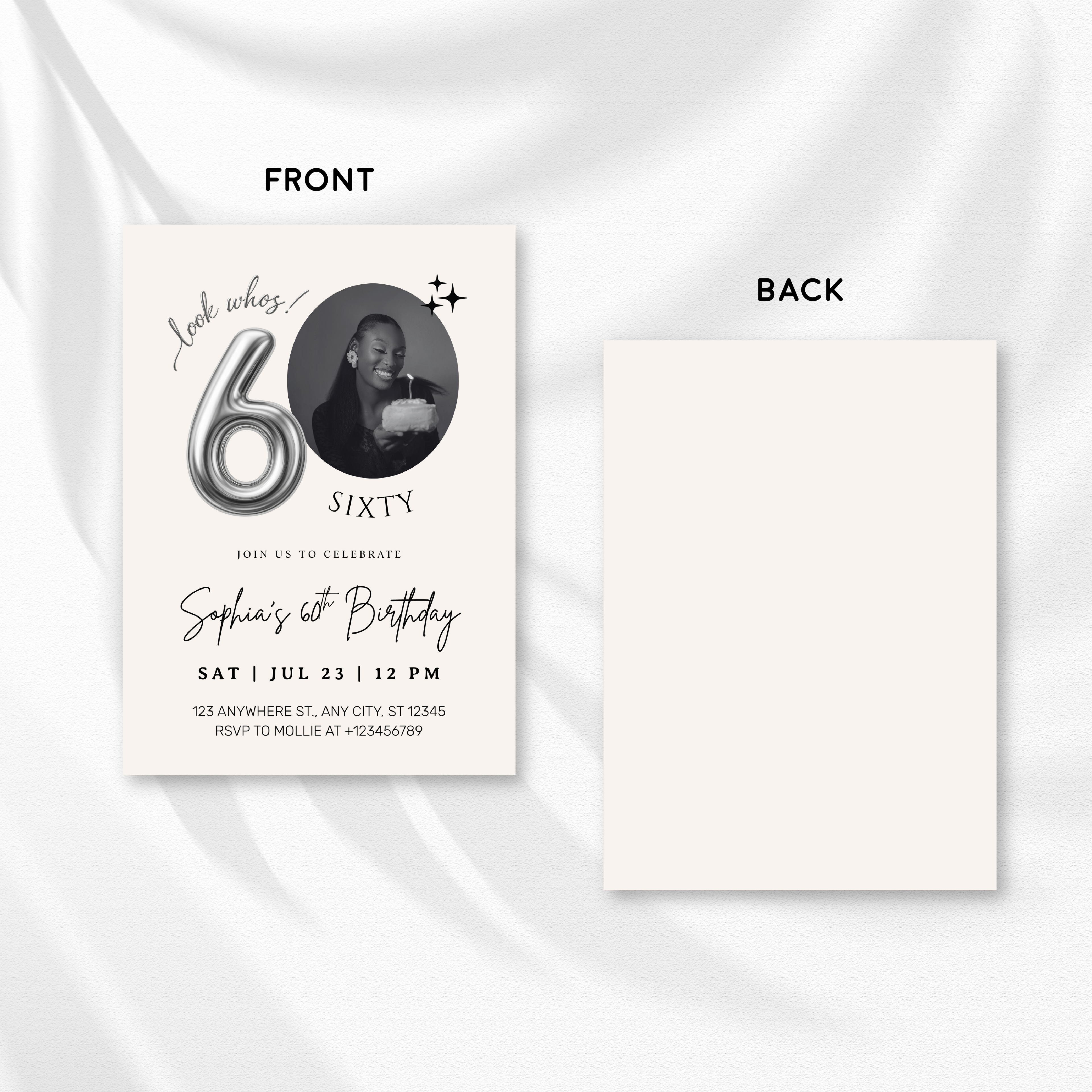 Editable 60th Birthday Photo Invitation Canva Template Silver Balloon Minimalist Party Invite Instant Download