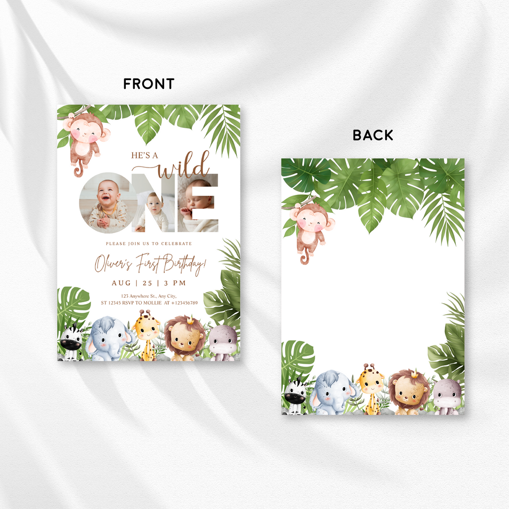 Editable Wild One Jungle 1st Birthday Photo Invitation | Safari Baby Canva Template – Instant Download