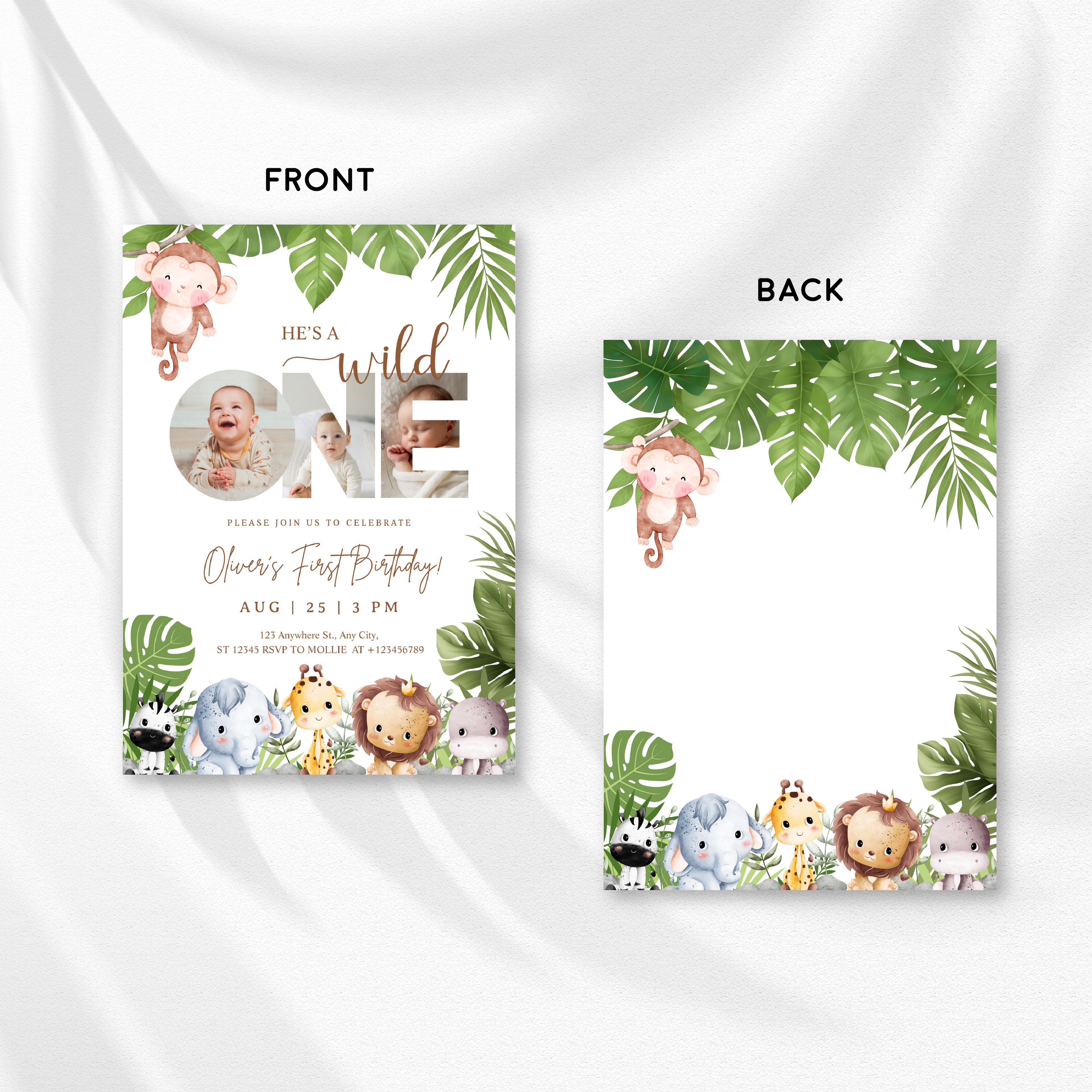 Editable Wild One Jungle 1st Birthday Photo Invitation | Safari Baby Canva Template – Instant Download
